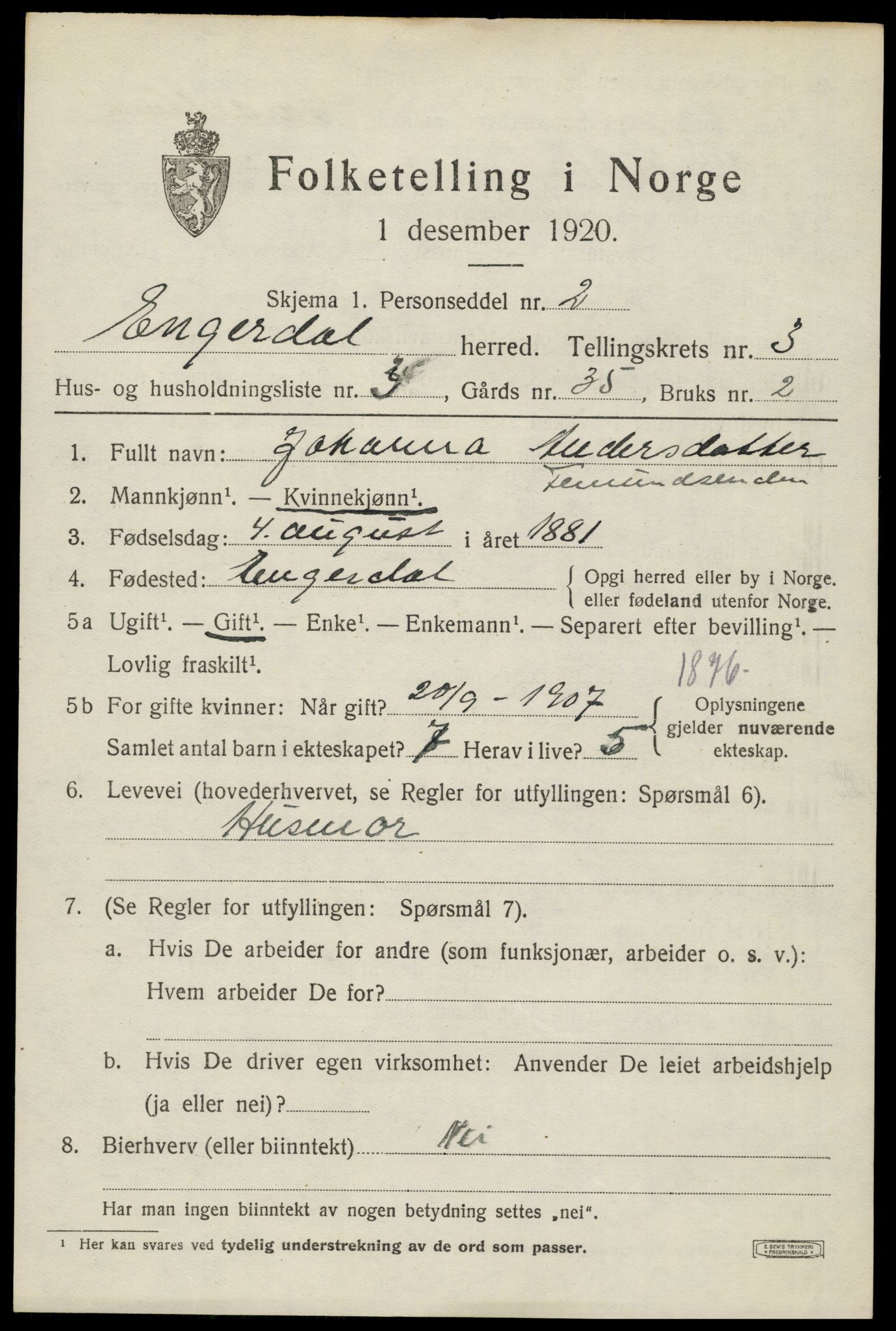 SAH, 1920 census for Engerdal, 1920, p. 1541