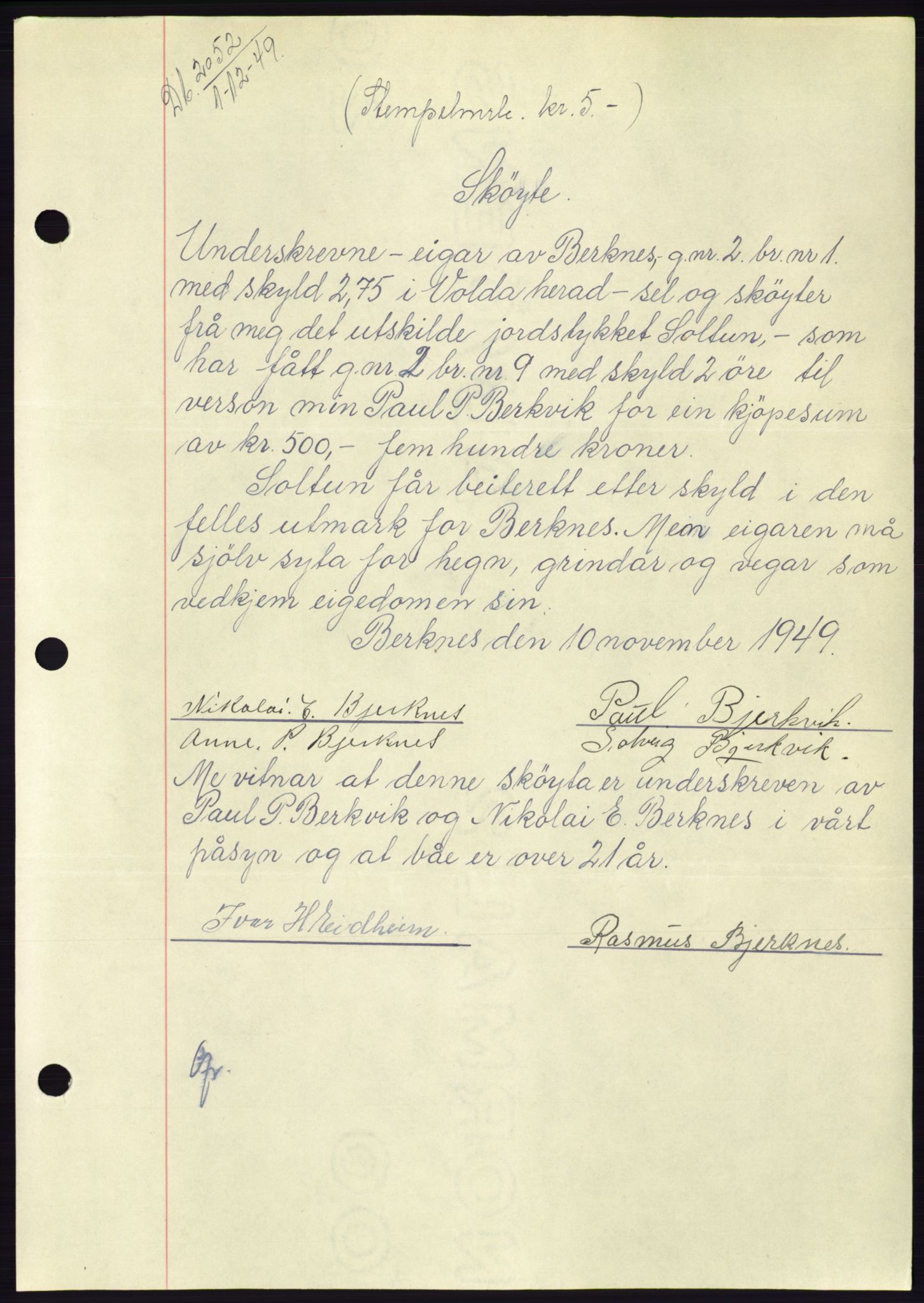 Søre Sunnmøre sorenskriveri, AV/SAT-A-4122/1/2/2C/L0085: Mortgage book no. 11A, 1949-1949, Diary no: : 2052/1949