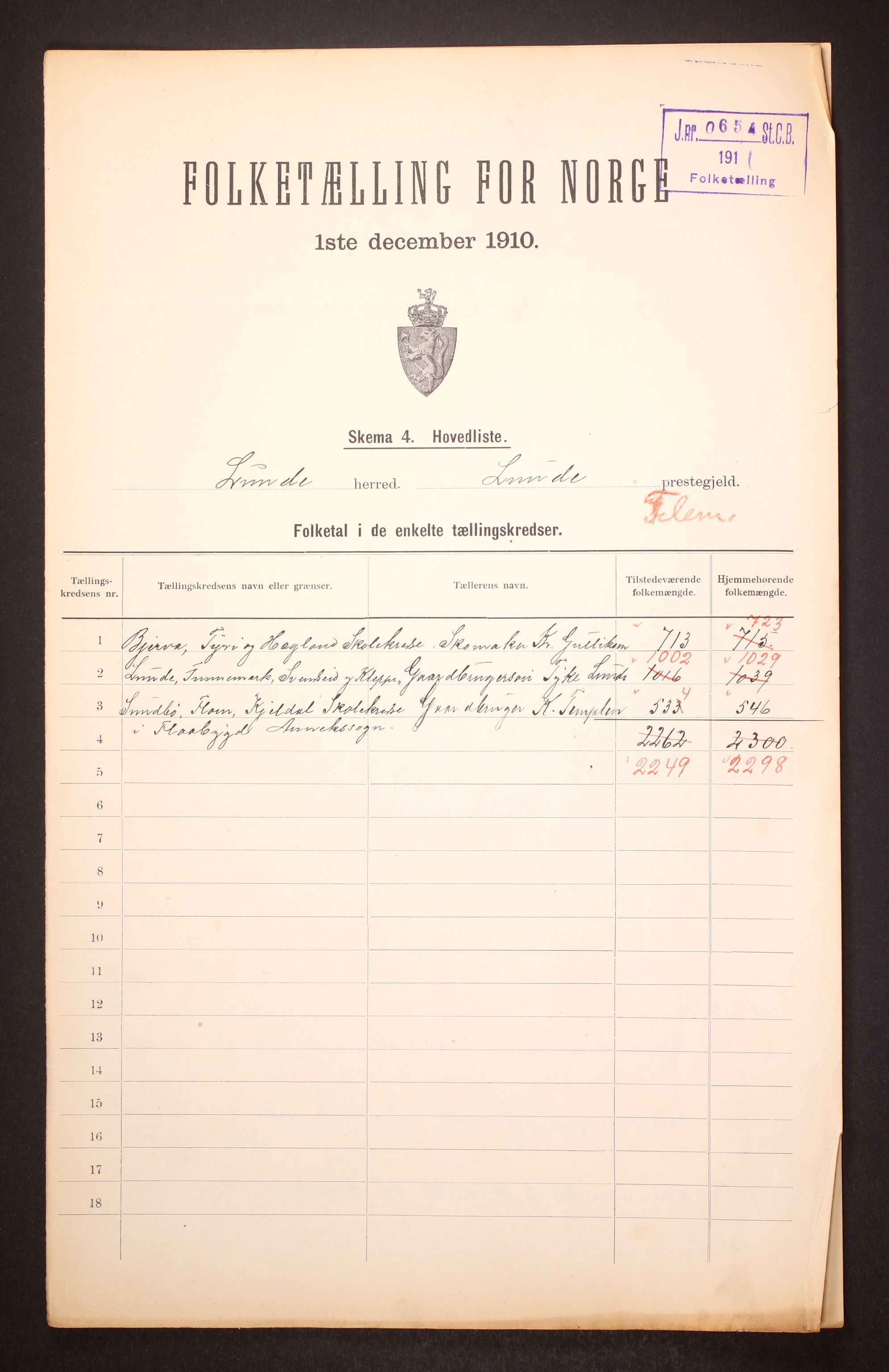 RA, 1910 census for Lunde, 1910, p. 2