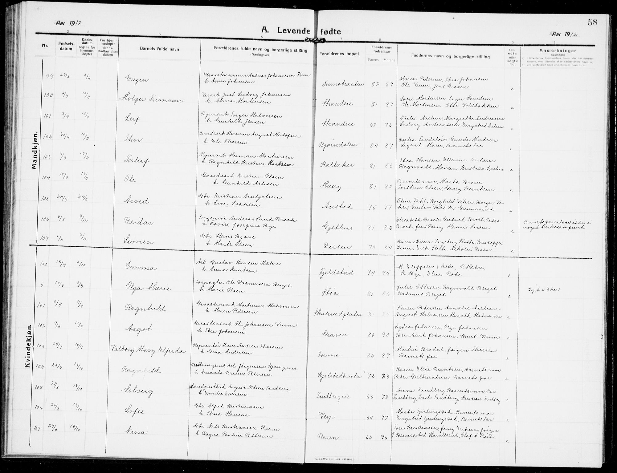 Modum kirkebøker, AV/SAKO-A-234/G/Ga/L0009: Parish register (copy) no. I 9, 1909-1923, p. 58