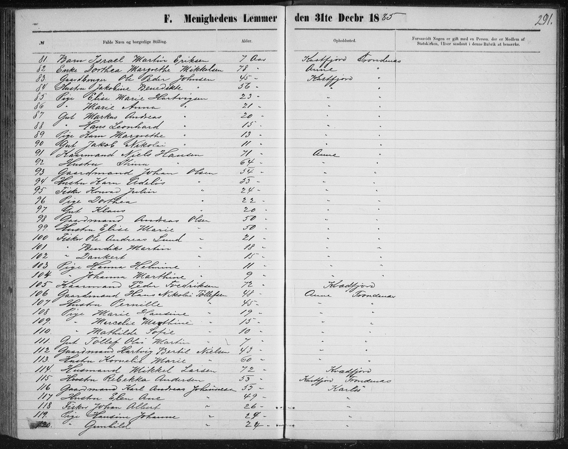 Uten arkivreferanse, SATØ/-: Dissenter register no. DP 3, 1871-1893, p. 291