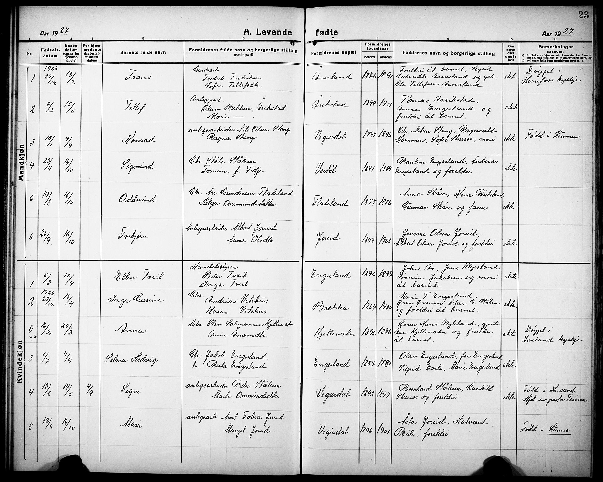 Herefoss sokneprestkontor, SAK/1111-0019/F/Fb/Fbb/L0004: Parish register (copy) no. B 4, 1917-1933, p. 23