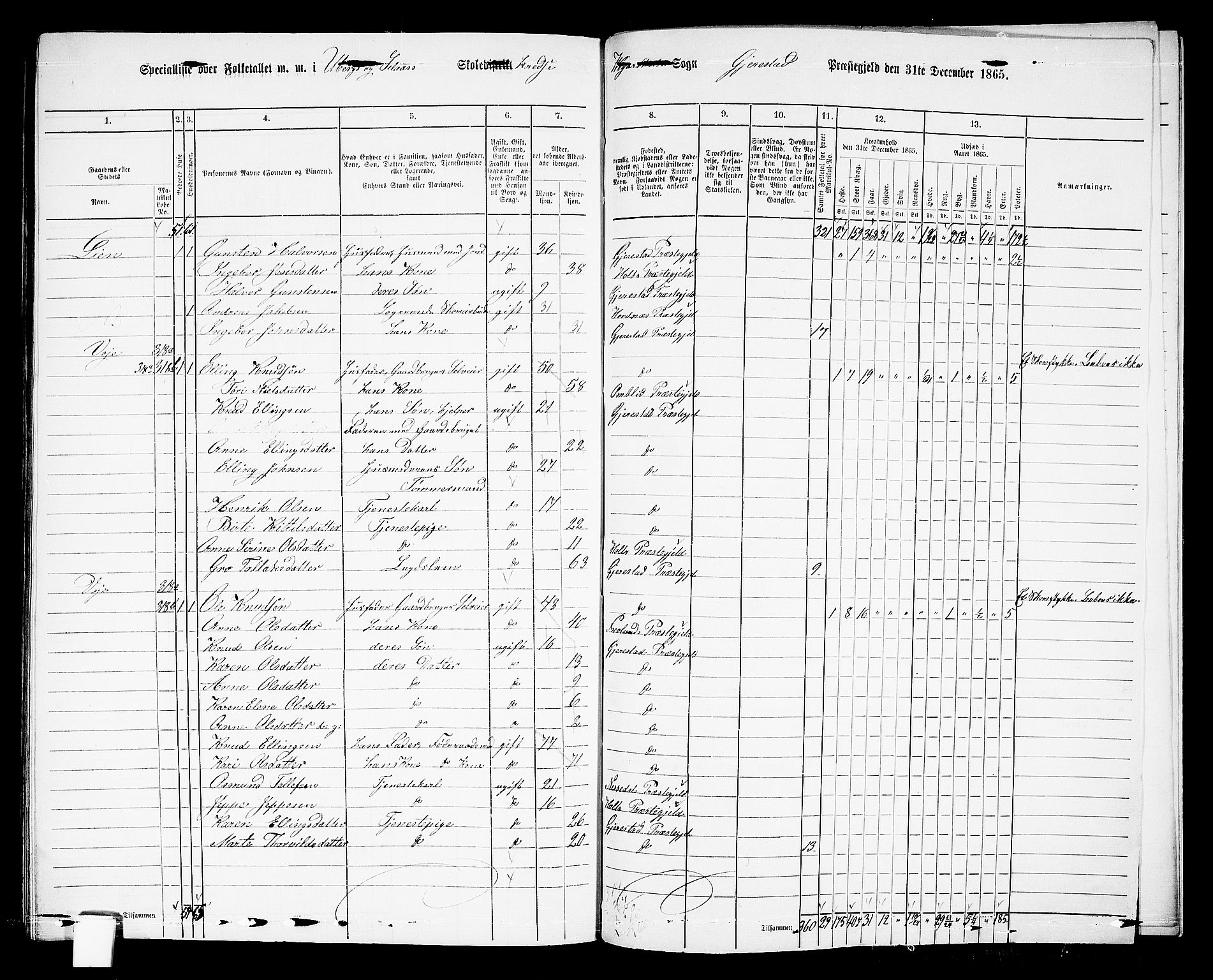 RA, 1865 census for Gjerstad, 1865, p. 199