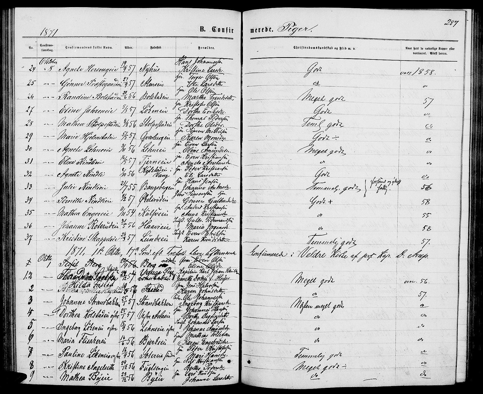 Ringsaker prestekontor, AV/SAH-PREST-014/L/La/L0008: Parish register (copy) no. 8, 1870-1878, p. 287