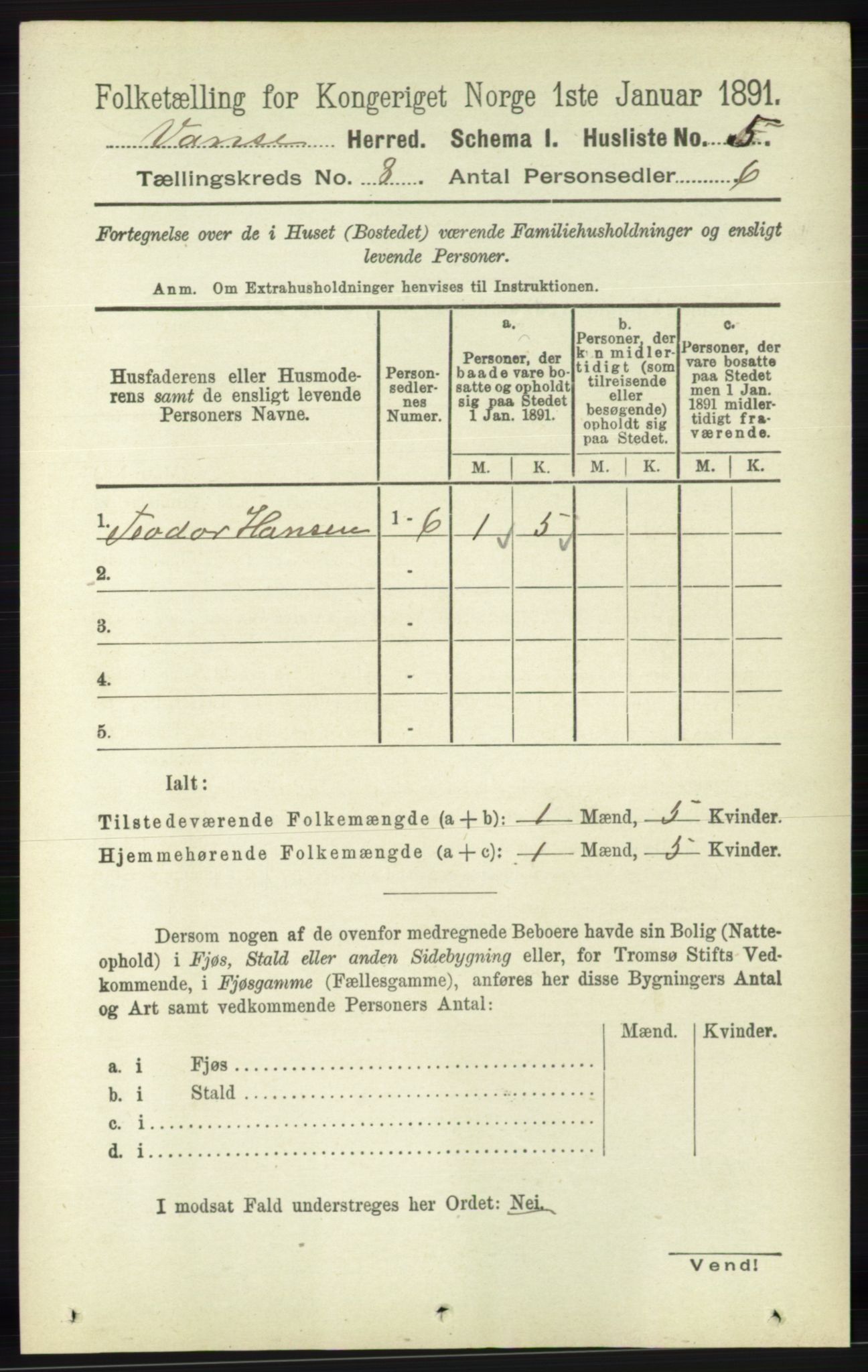 RA, 1891 census for 1041 Vanse, 1891, p. 4845