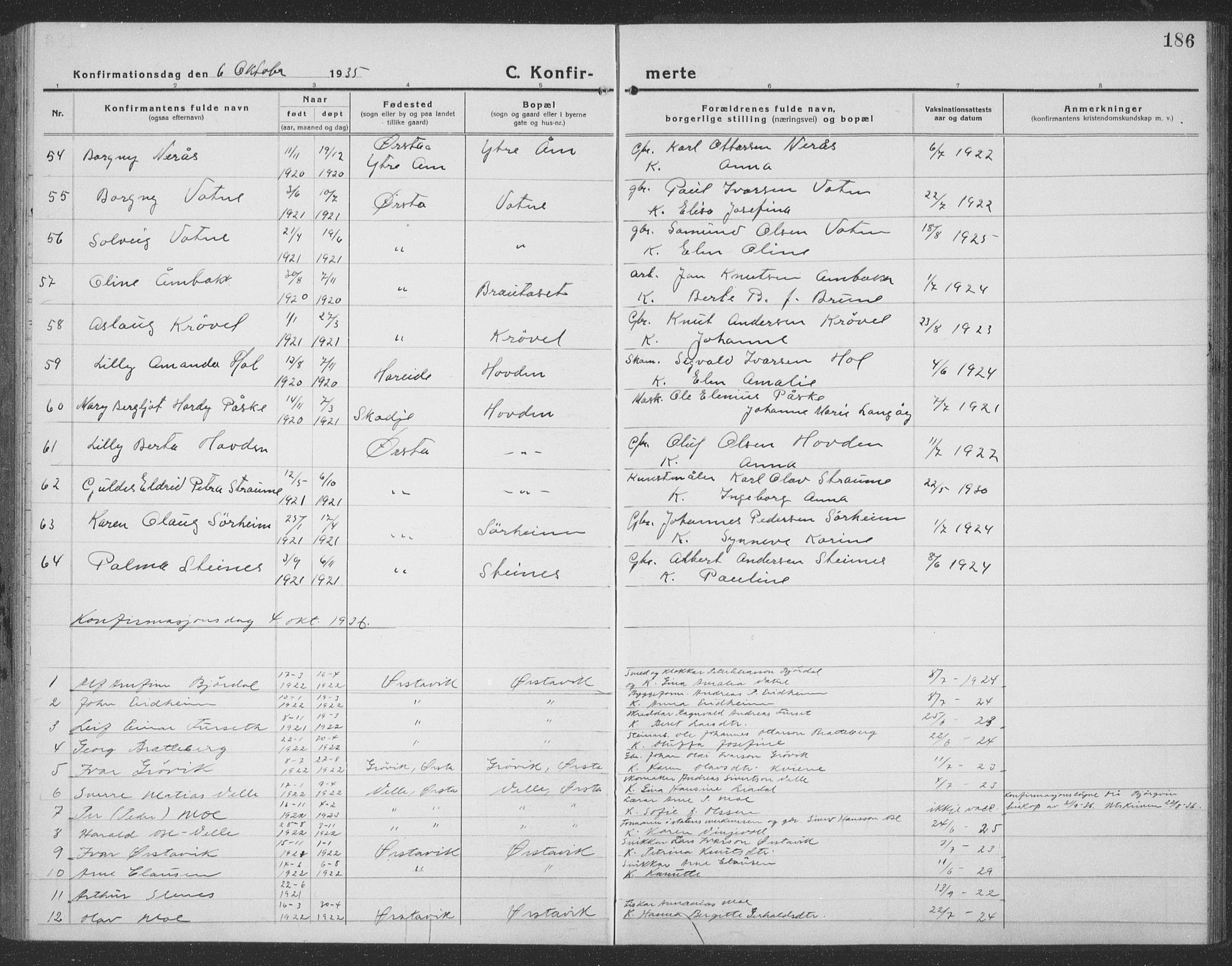 Ministerialprotokoller, klokkerbøker og fødselsregistre - Møre og Romsdal, SAT/A-1454/513/L0191: Parish register (copy) no. 513C05, 1920-1941, p. 186