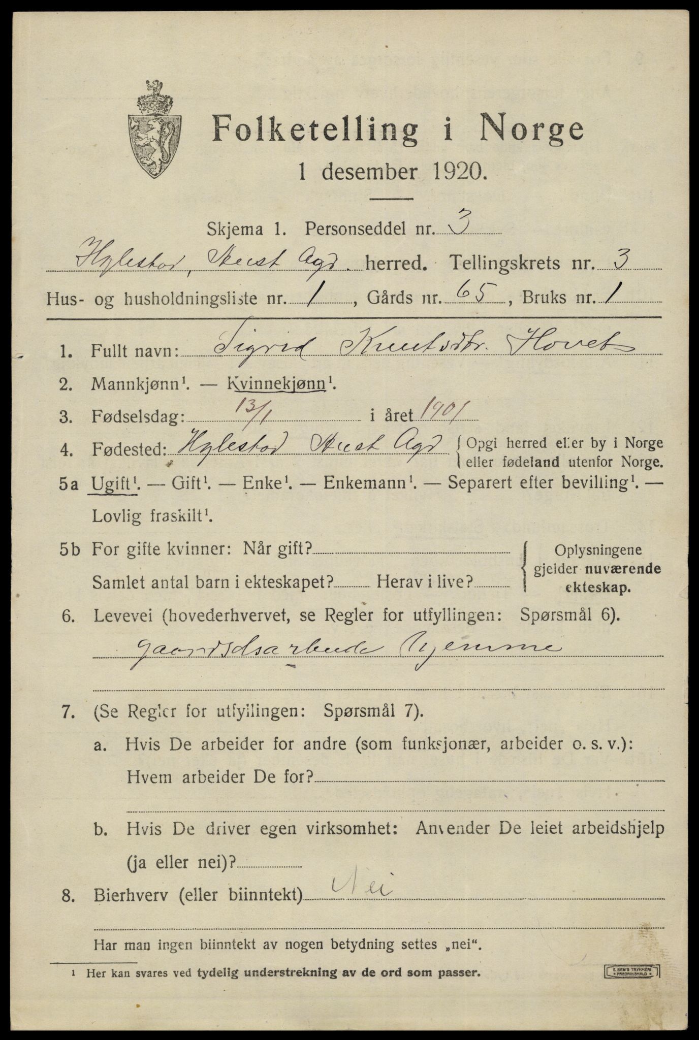 SAK, 1920 census for Hylestad, 1920, p. 768