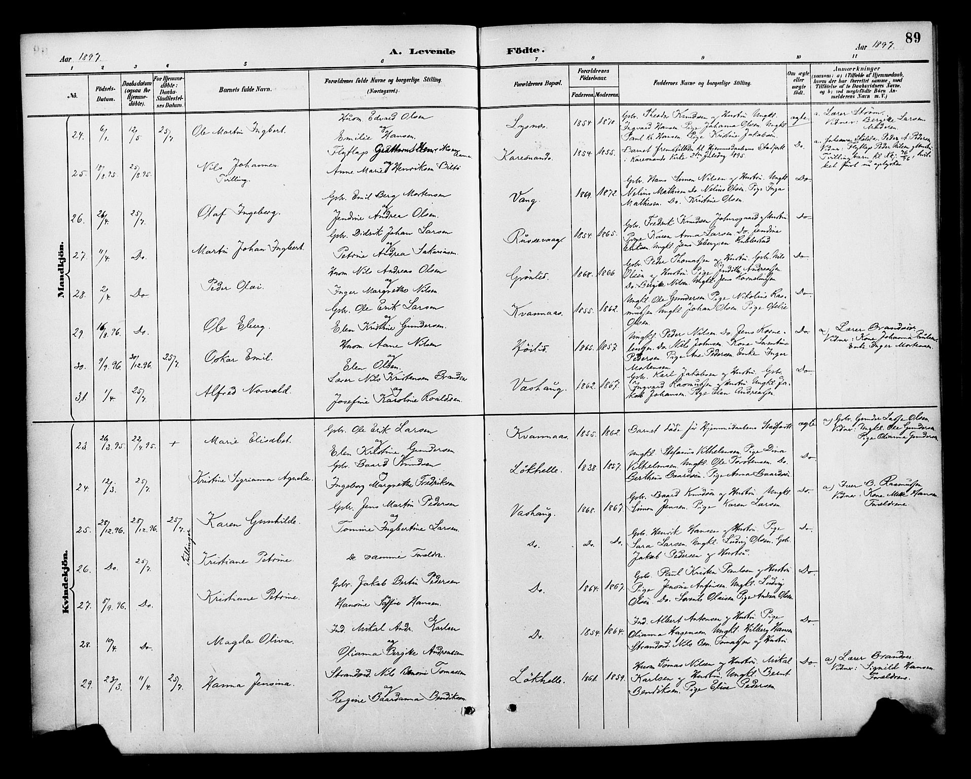 Lenvik sokneprestembete, SATØ/S-1310/H/Ha/Haa/L0013kirke: Parish register (official) no. 13, 1890-1898, p. 89