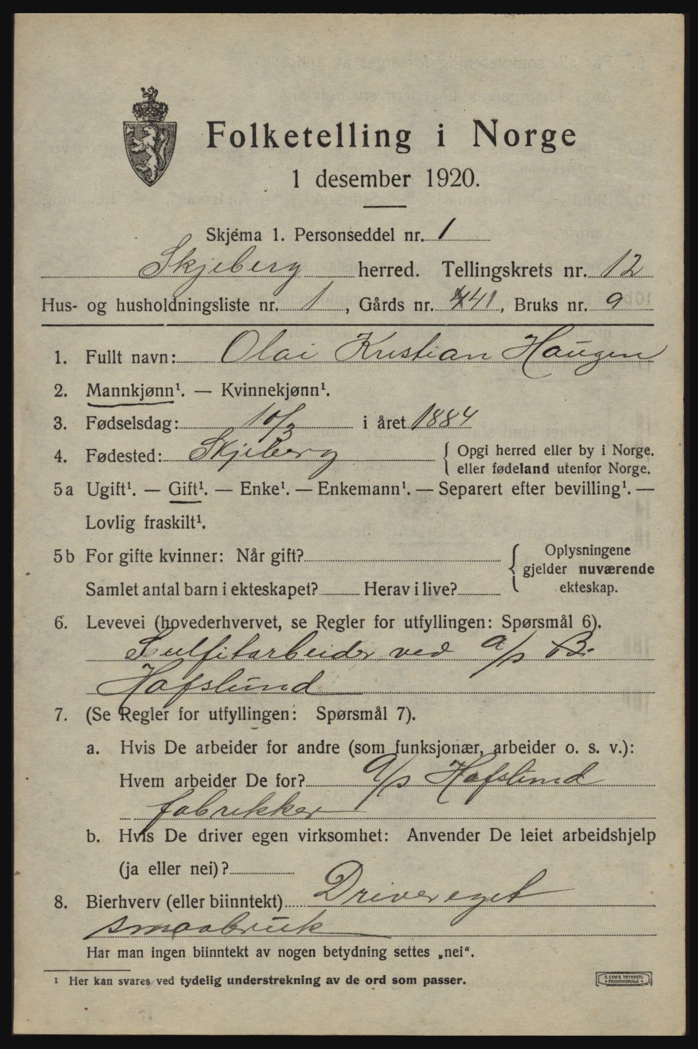 SAO, 1920 census for Skjeberg, 1920, p. 10193