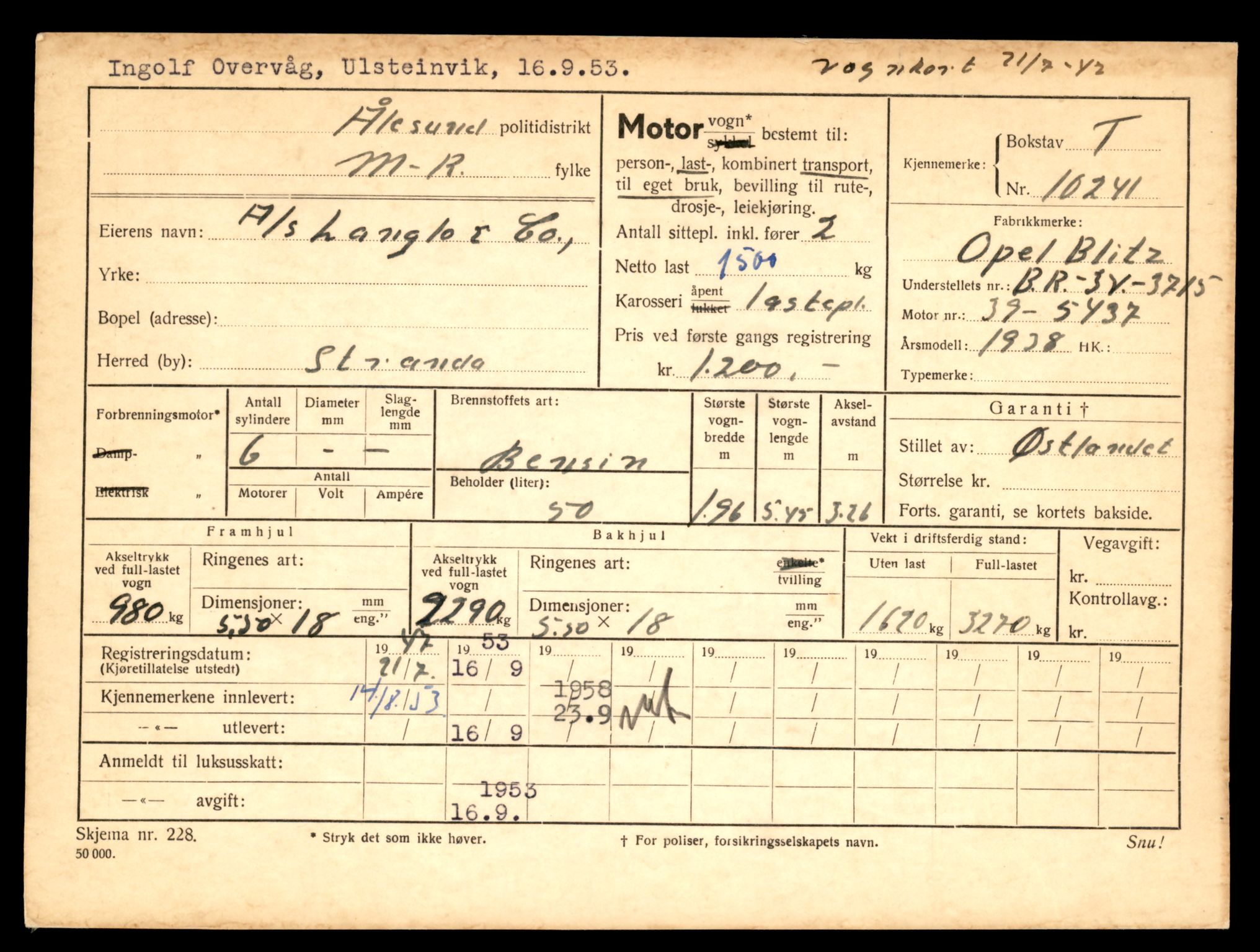 Møre og Romsdal vegkontor - Ålesund trafikkstasjon, AV/SAT-A-4099/F/Fe/L0019: Registreringskort for kjøretøy T 10228 - T 10350, 1927-1998, p. 275