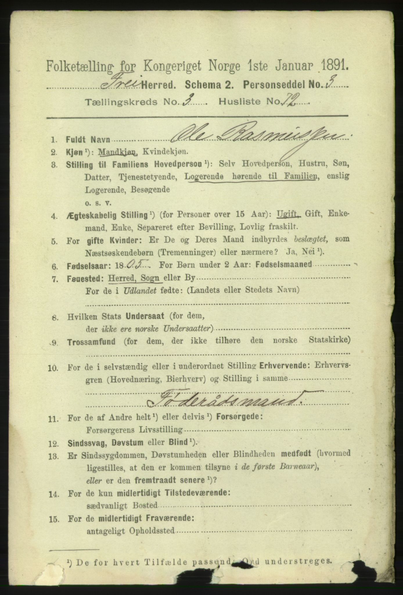 RA, 1891 census for 1556 Frei, 1891, p. 1613