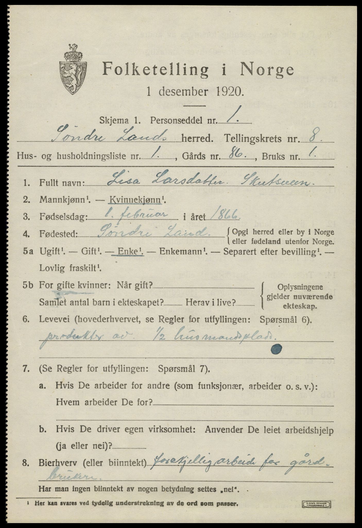 SAH, 1920 census for Søndre Land, 1920, p. 7585