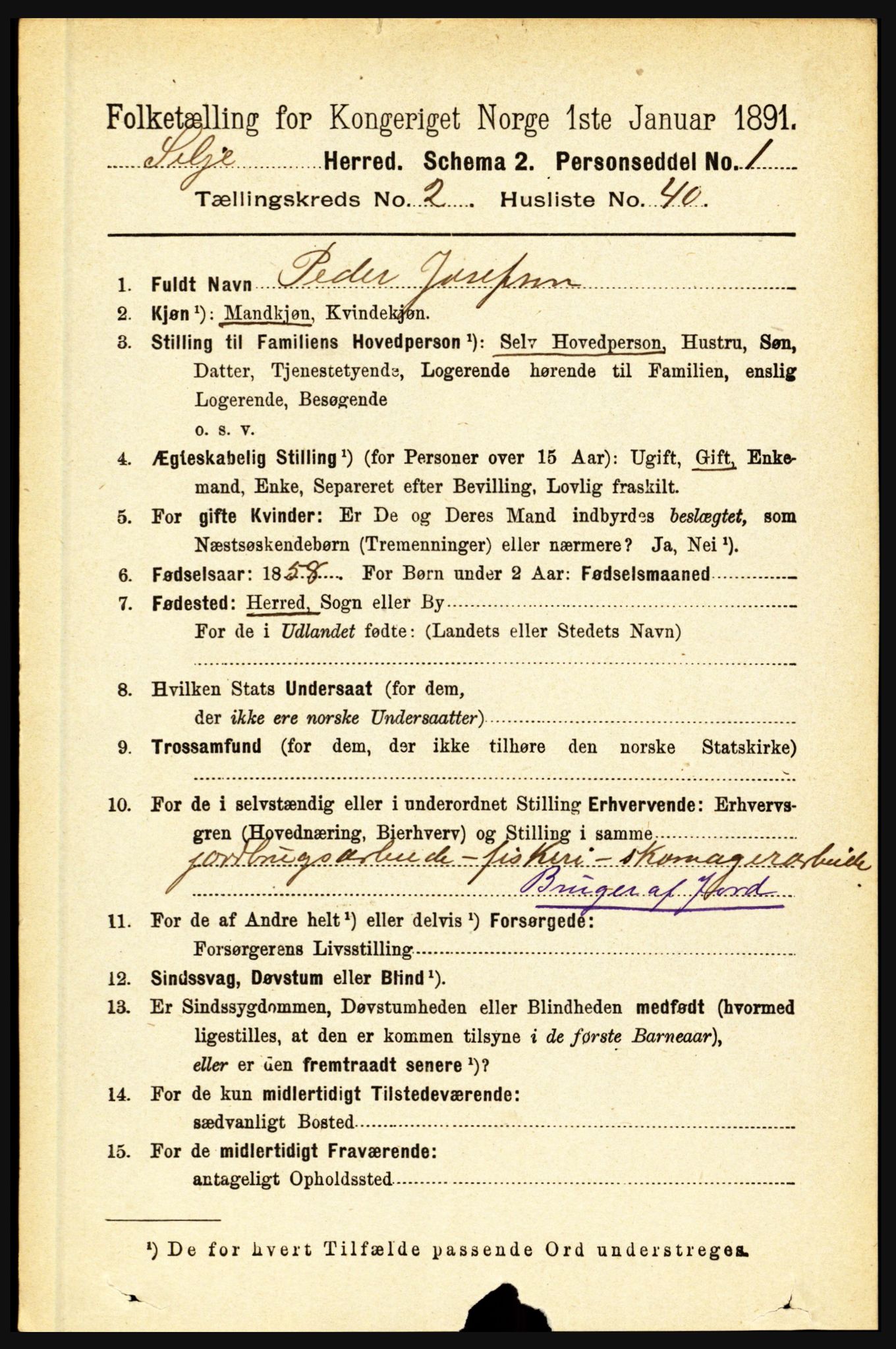 RA, 1891 census for 1441 Selje, 1891, p. 580