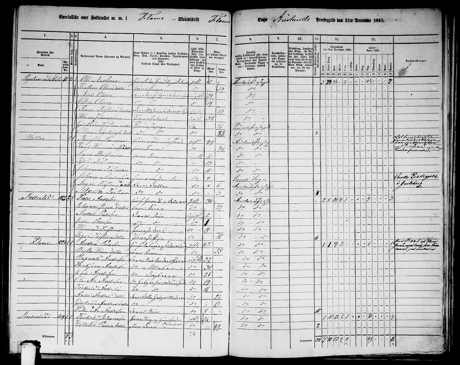 RA, 1865 census for Aurland, 1865, p. 71