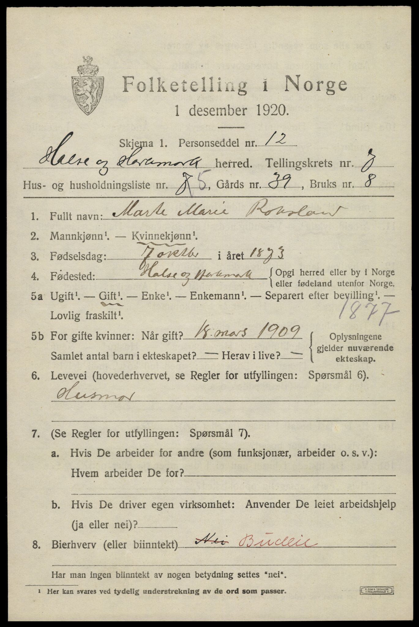SAK, 1920 census for Halse og Harkmark, 1920, p. 3767