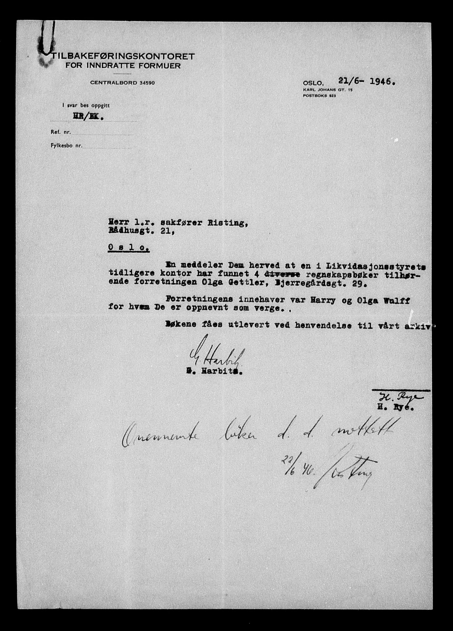 Justisdepartementet, Tilbakeføringskontoret for inndratte formuer, AV/RA-S-1564/H/Hc/Hcc/L0988: --, 1945-1947, p. 16