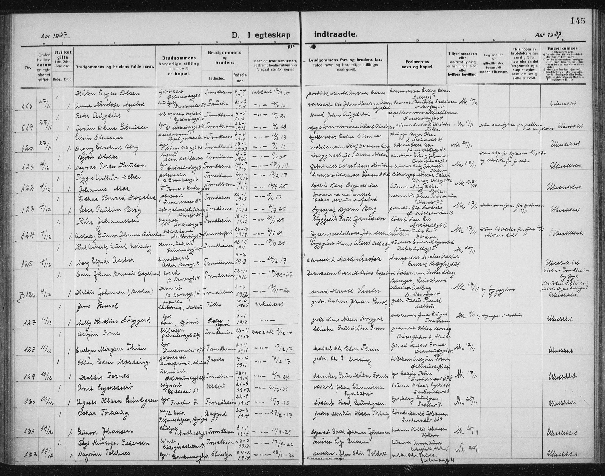 Ministerialprotokoller, klokkerbøker og fødselsregistre - Sør-Trøndelag, AV/SAT-A-1456/605/L0260: Parish register (copy) no. 605C07, 1922-1942, p. 145