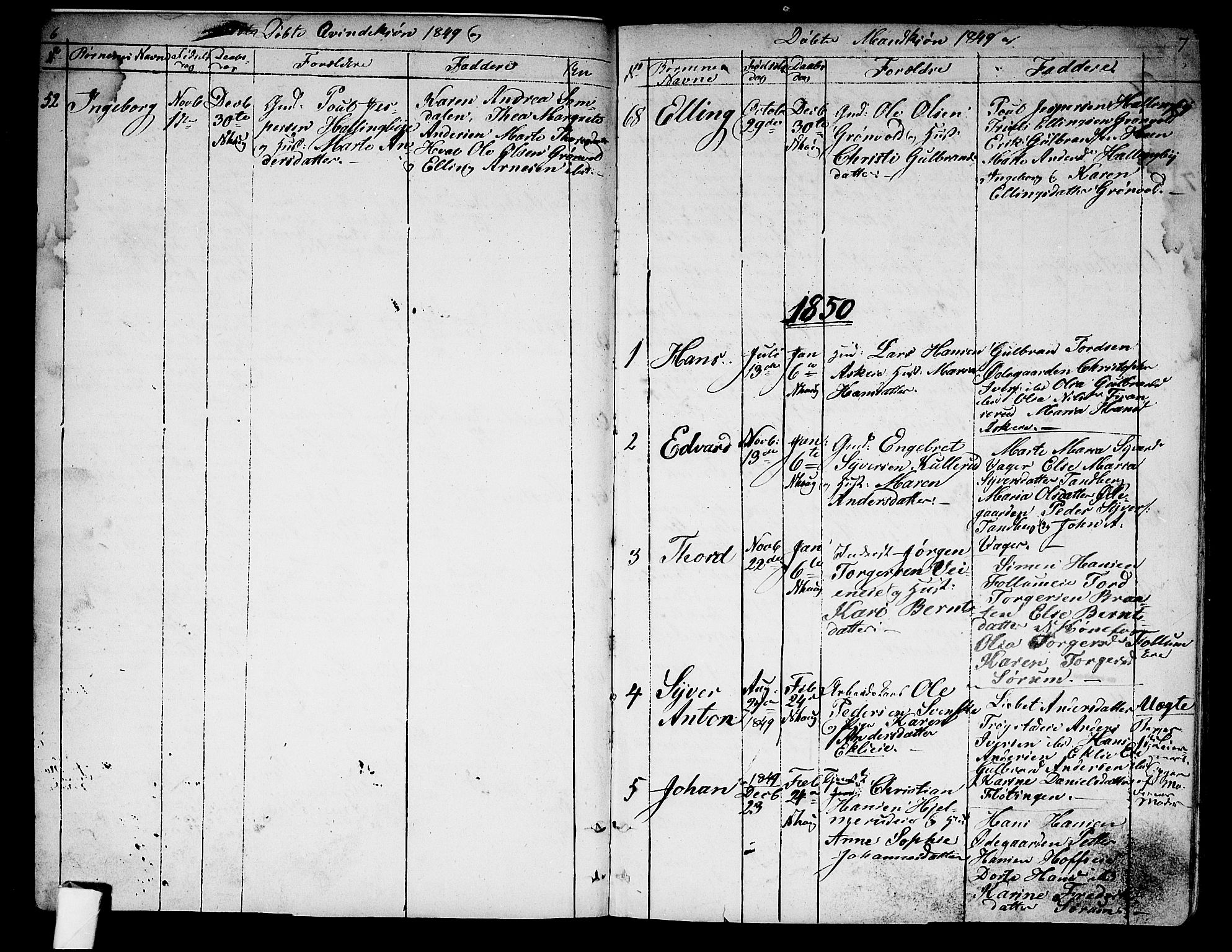 Norderhov kirkebøker, SAKO/A-237/G/Ga/L0005: Parish register (copy) no. I 5, 1849-1863, p. 6-7