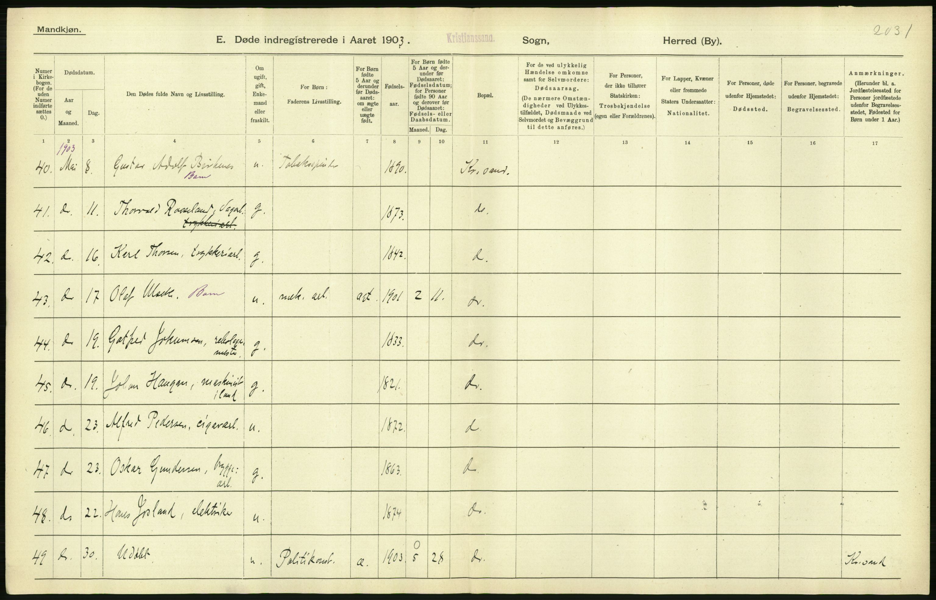 Statistisk sentralbyrå, Sosiodemografiske emner, Befolkning, AV/RA-S-2228/D/Df/Dfa/Dfaa/L0011: Lister og Mandal amt: Fødte, gifte, døde, 1903, p. 544