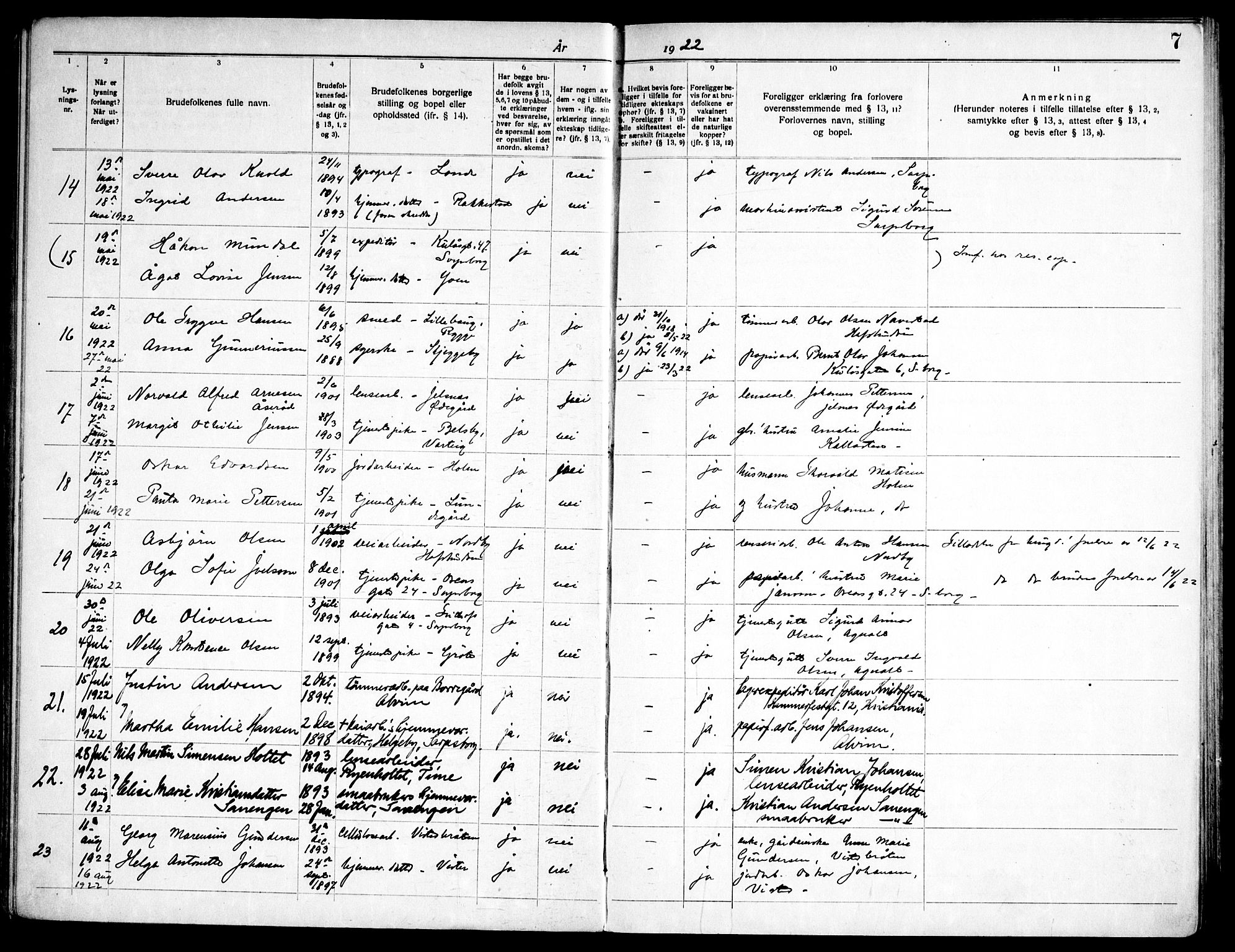 Tune prestekontor Kirkebøker, AV/SAO-A-2007/H/Ha/L0001: Banns register no. I 1, 1919-1946, p. 7