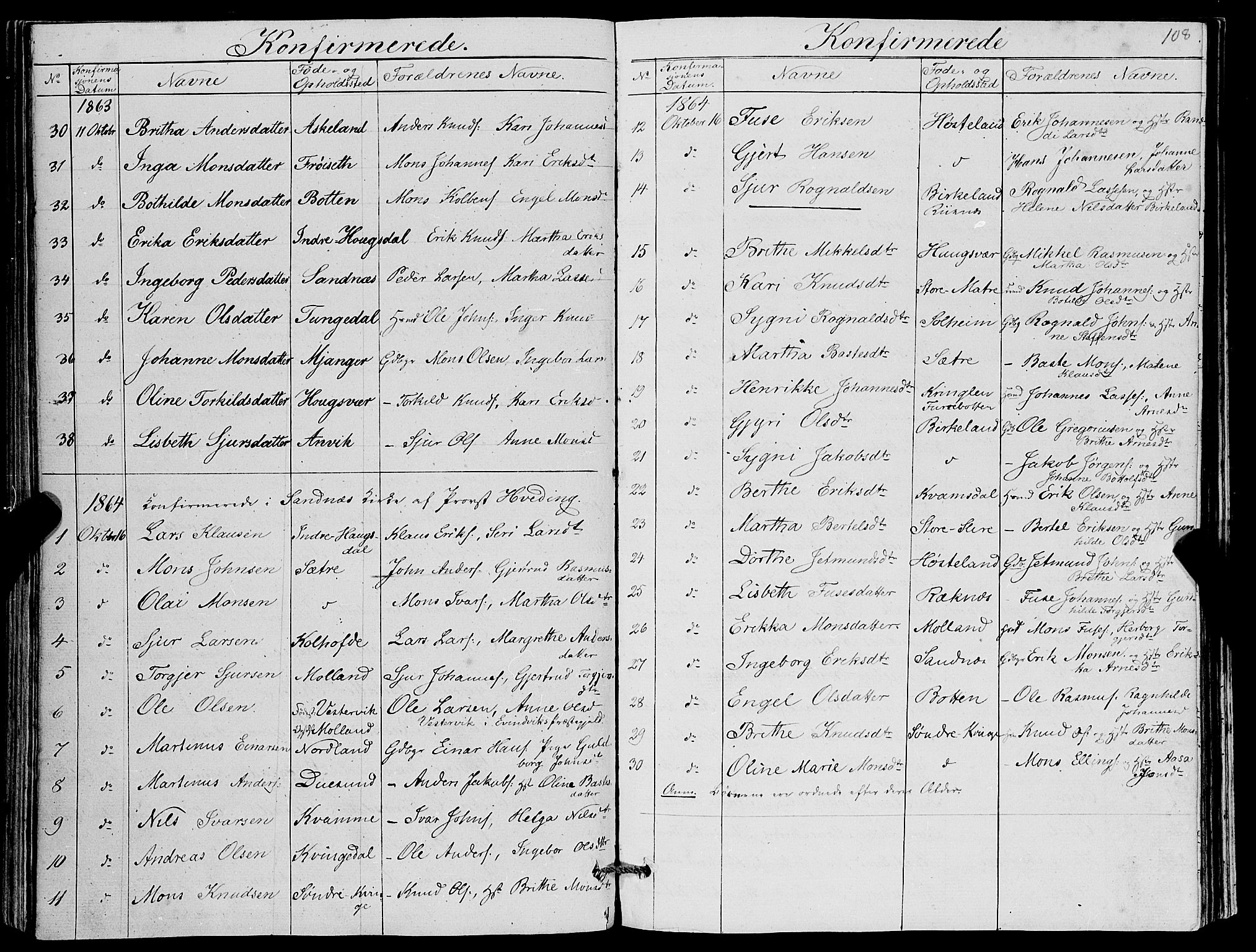 Masfjorden Sokneprestembete, SAB/A-77001: Parish register (copy) no. A 1, 1851-1875, p. 108