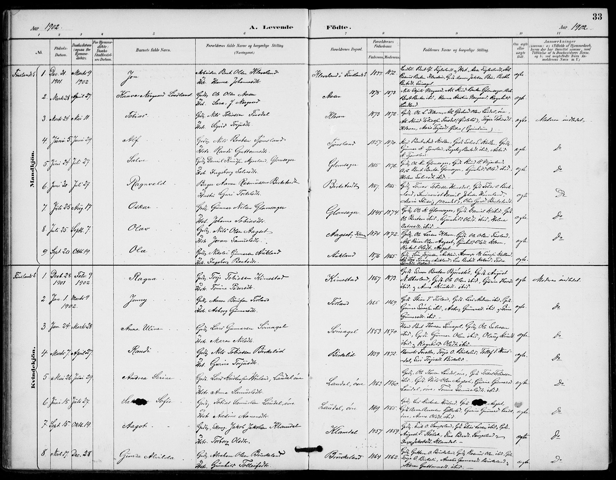 Holum sokneprestkontor, AV/SAK-1111-0022/F/Fa/Fab/L0007: Parish register (official) no. A 7, 1887-1912, p. 33