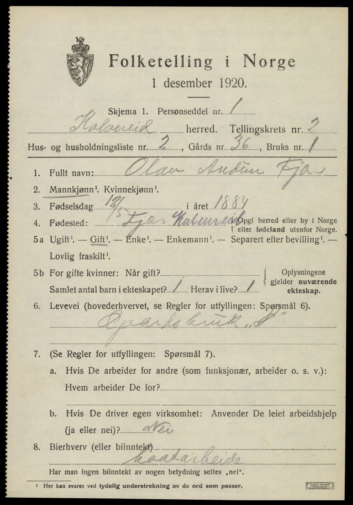 SAT, 1920 census for Kolvereid, 1920, p. 1507
