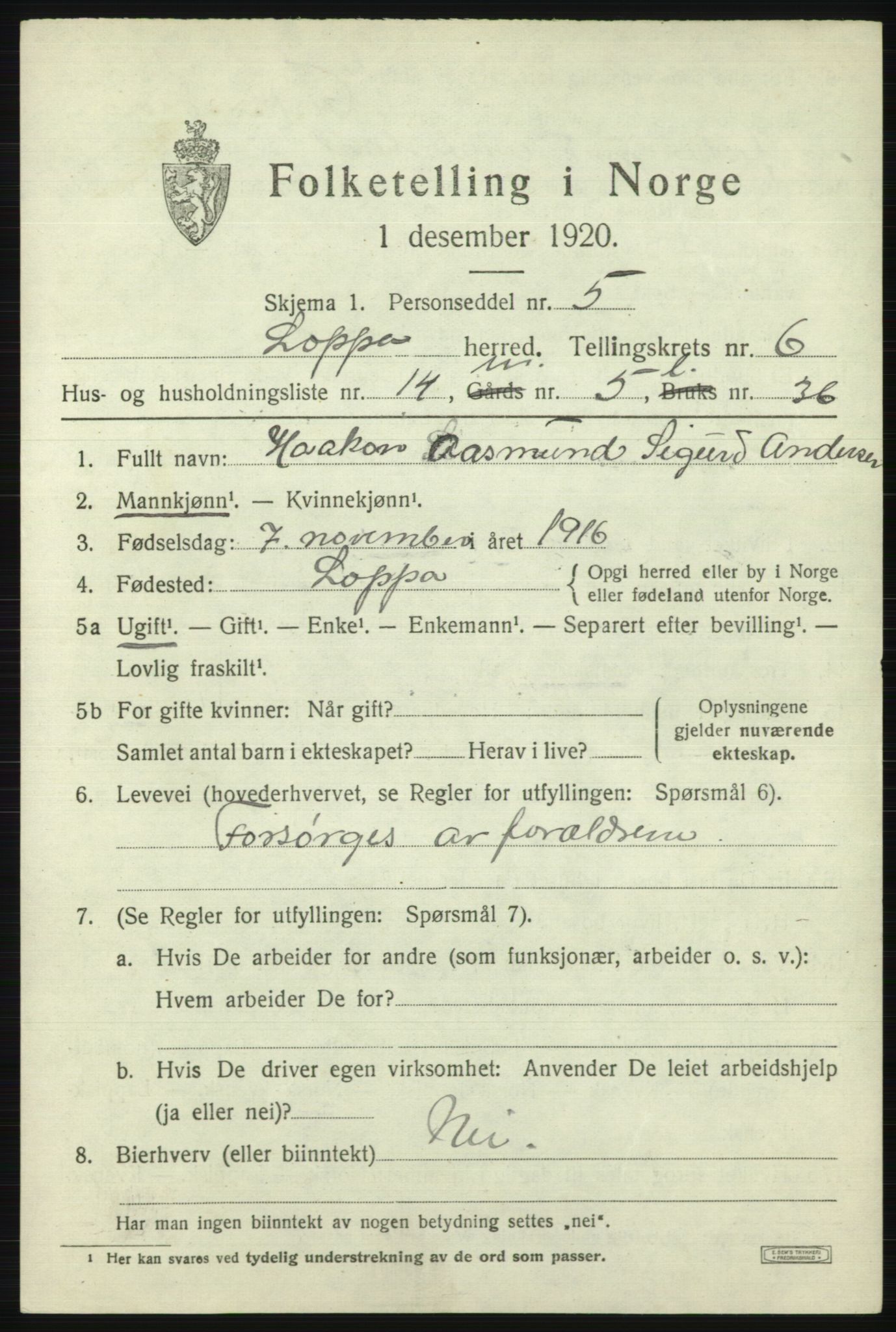 SATØ, 1920 census for Loppa, 1920, p. 2704