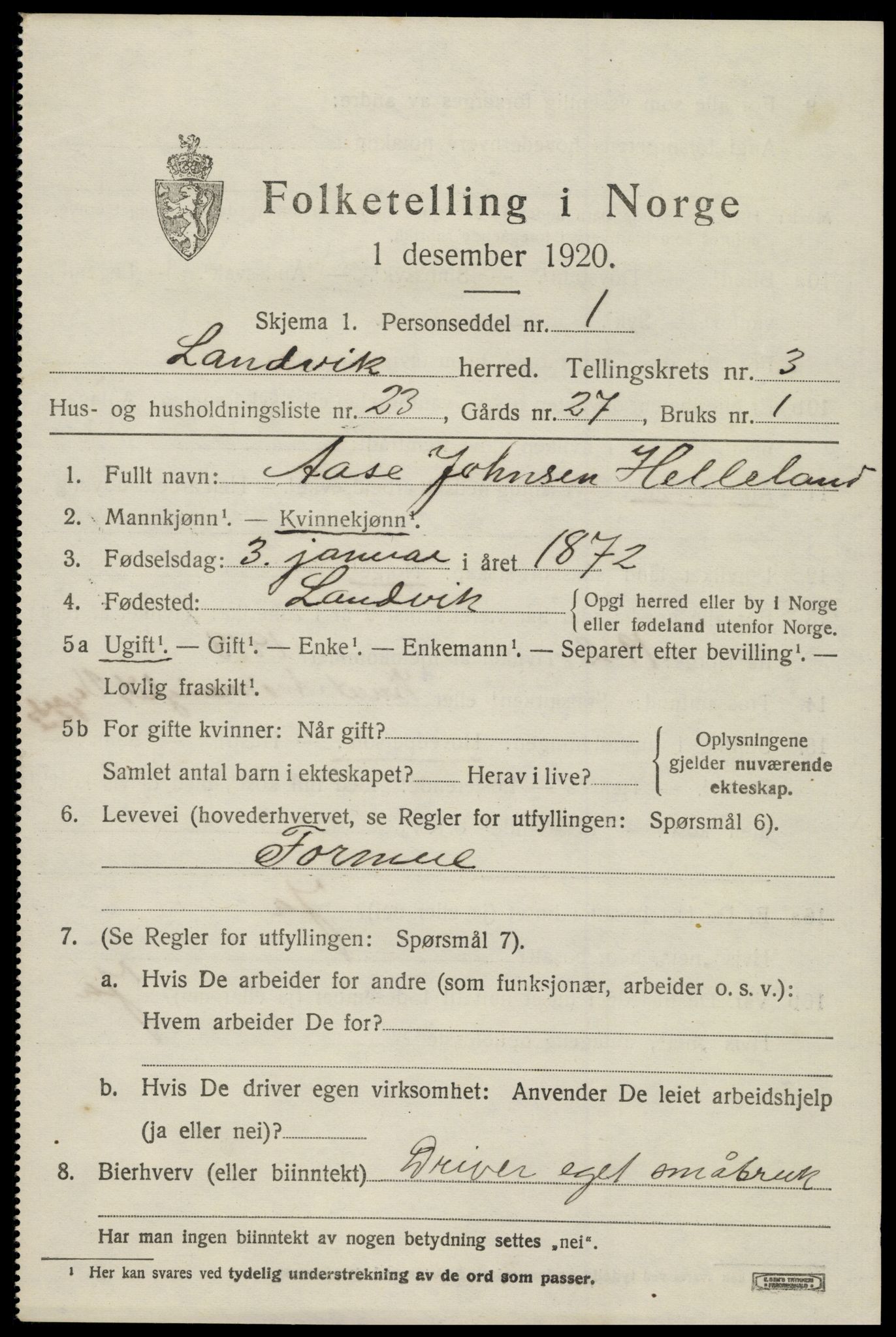 SAK, 1920 census for Landvik, 1920, p. 3166