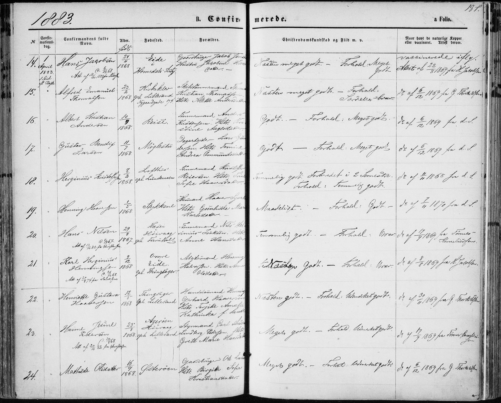 Vestre Moland sokneprestkontor, SAK/1111-0046/F/Fa/Fab/L0008: Parish register (official) no. A 8, 1873-1883, p. 187