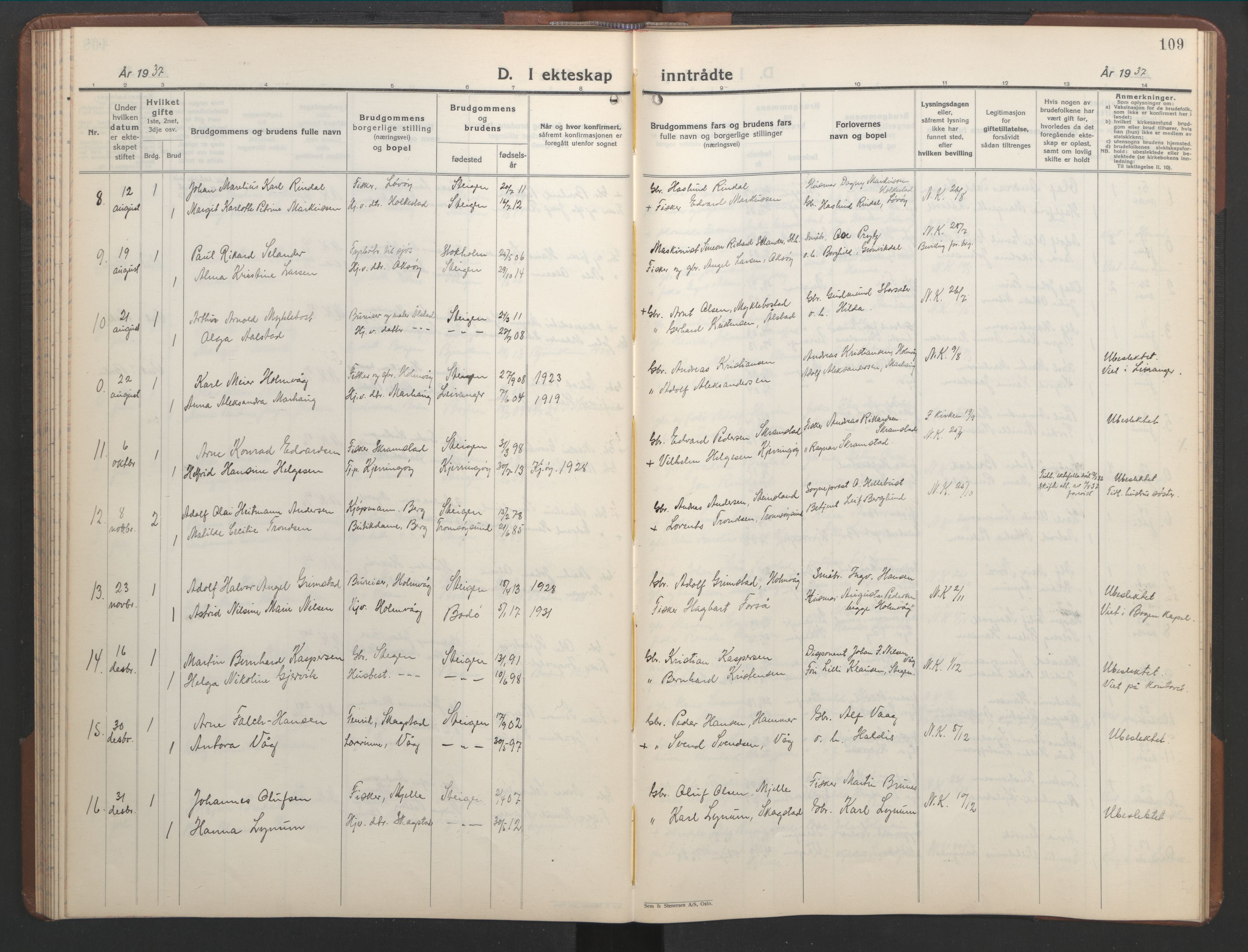 Ministerialprotokoller, klokkerbøker og fødselsregistre - Nordland, AV/SAT-A-1459/855/L0818: Parish register (copy) no. 855C07, 1935-1949, p. 109