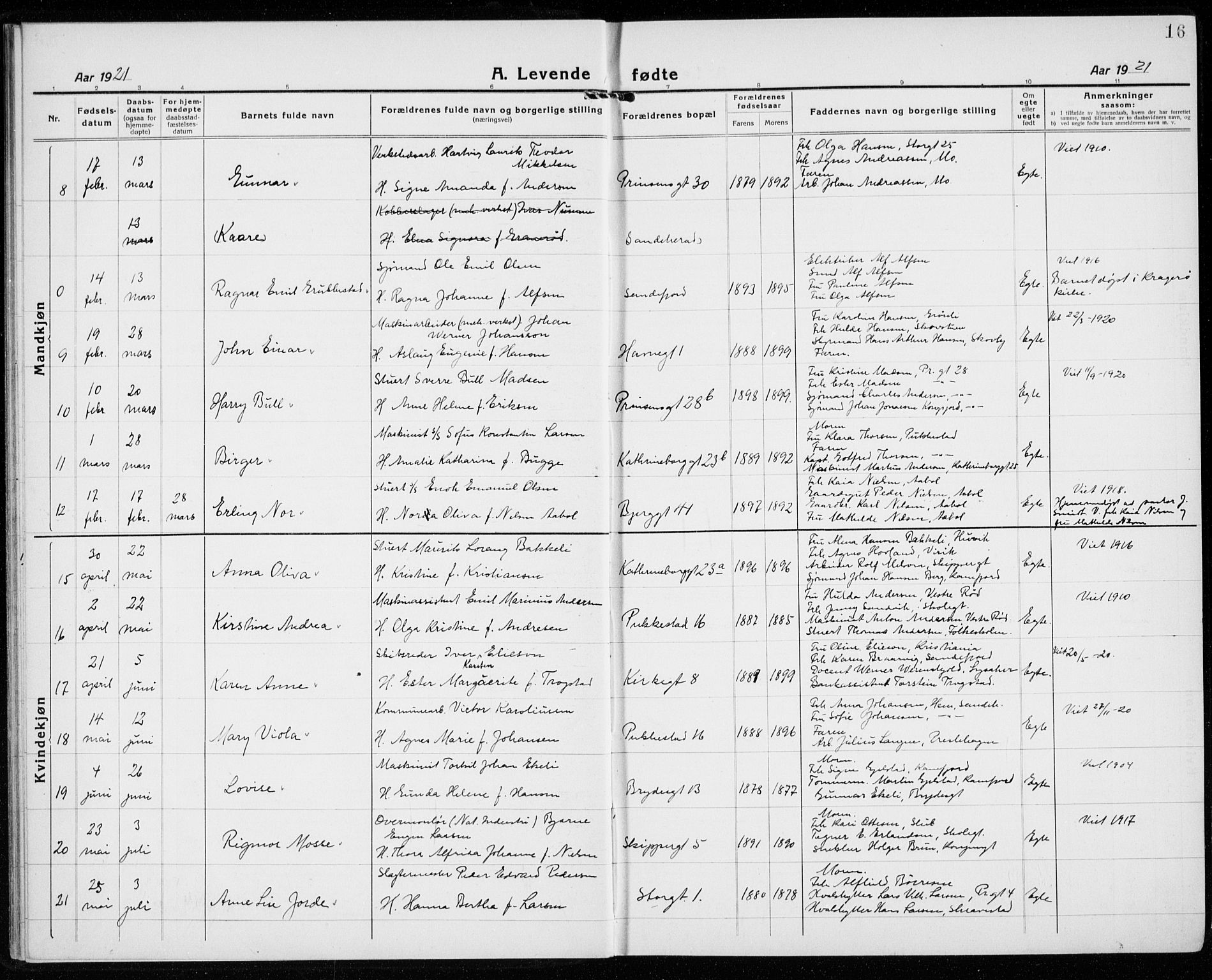 Sandefjord kirkebøker, AV/SAKO-A-315/G/Ga/L0004: Parish register (copy) no. 4, 1920-1931, p. 16