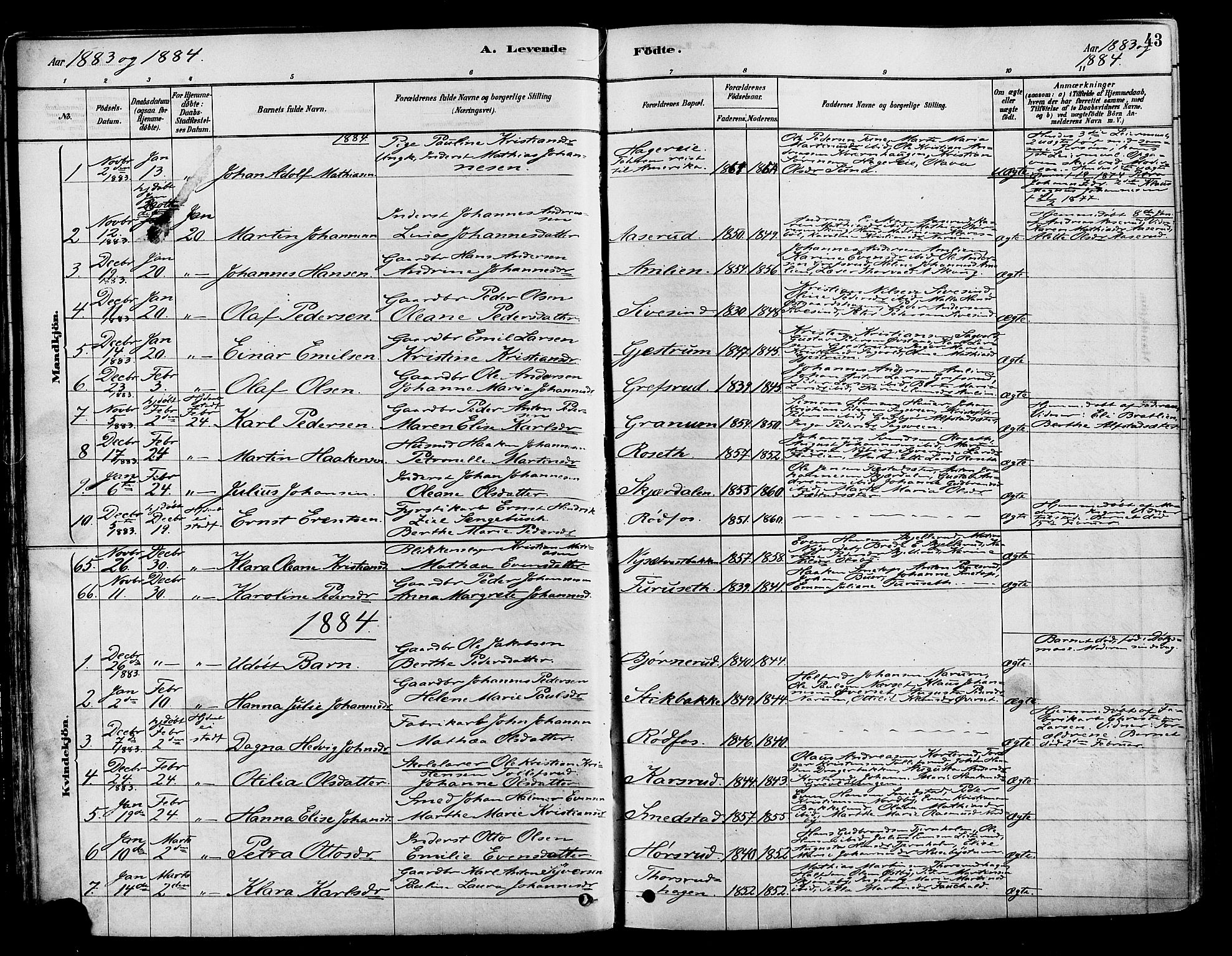 Vestre Toten prestekontor, SAH/PREST-108/H/Ha/Haa/L0009: Parish register (official) no. 9, 1878-1894, p. 43