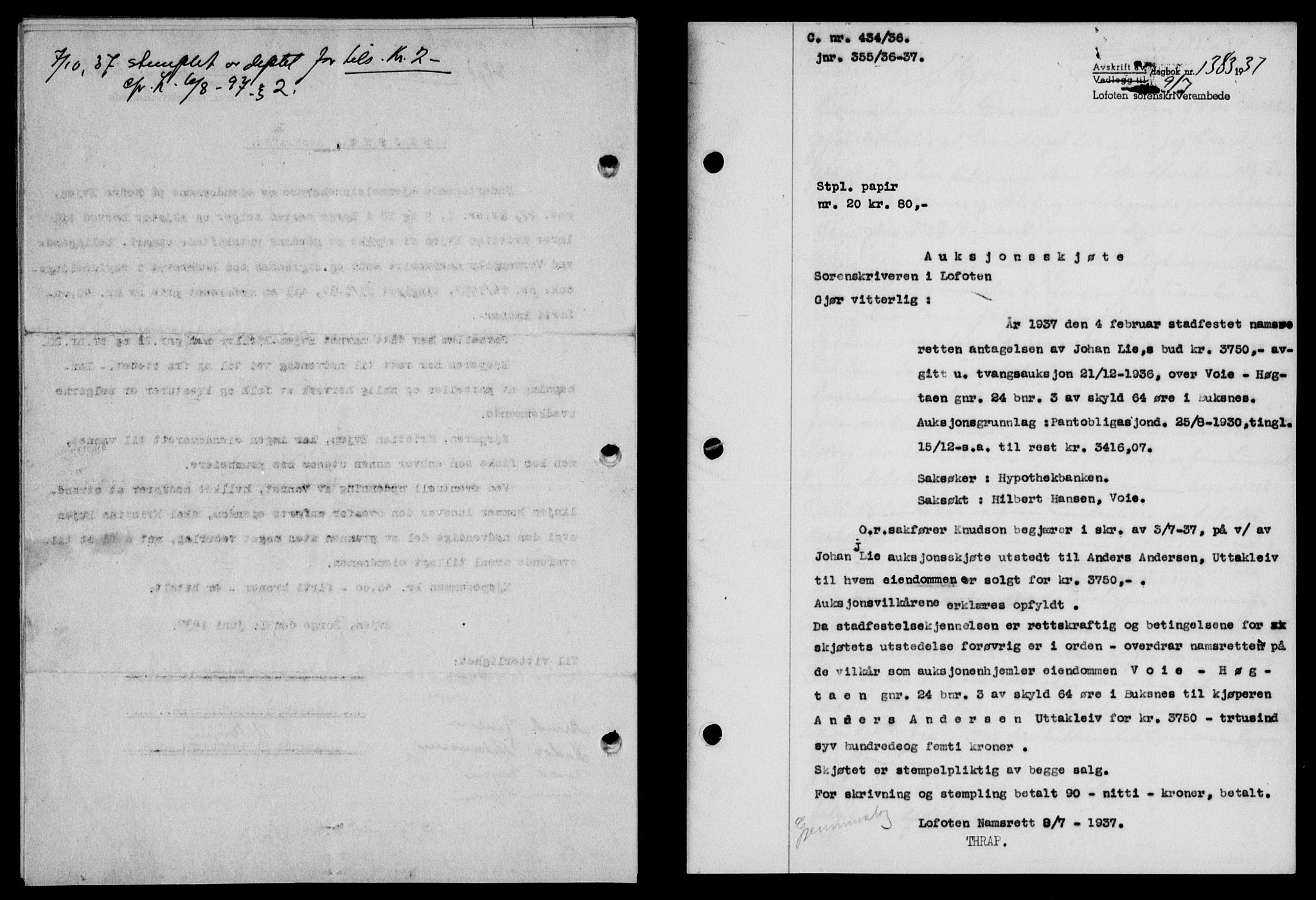 Lofoten sorenskriveri, SAT/A-0017/1/2/2C/L0002a: Mortgage book no. 2a, 1937-1937, Diary no: : 1383/1937