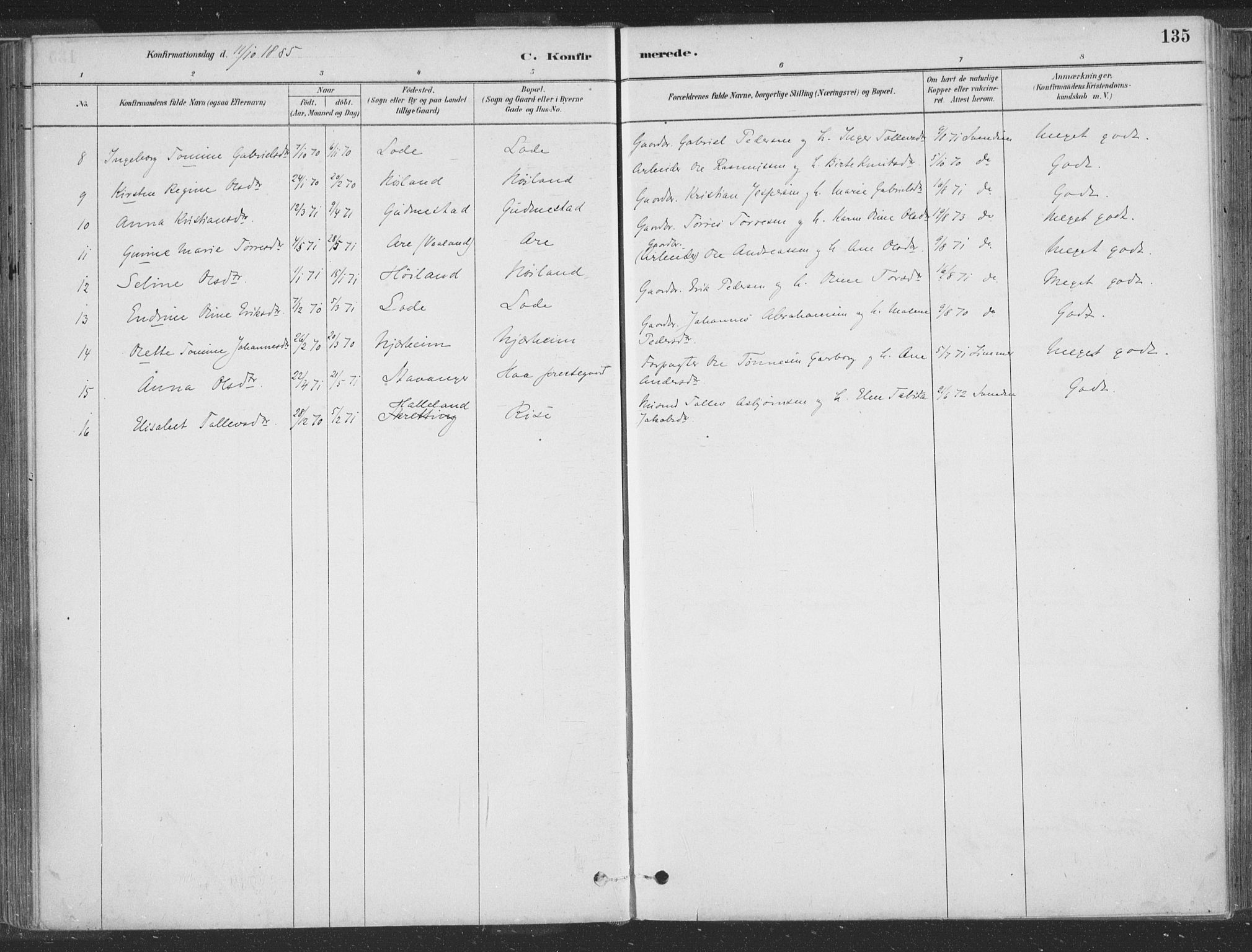 Hå sokneprestkontor, AV/SAST-A-101801/001/30BA/L0010: Parish register (official) no. A 9, 1879-1896, p. 135