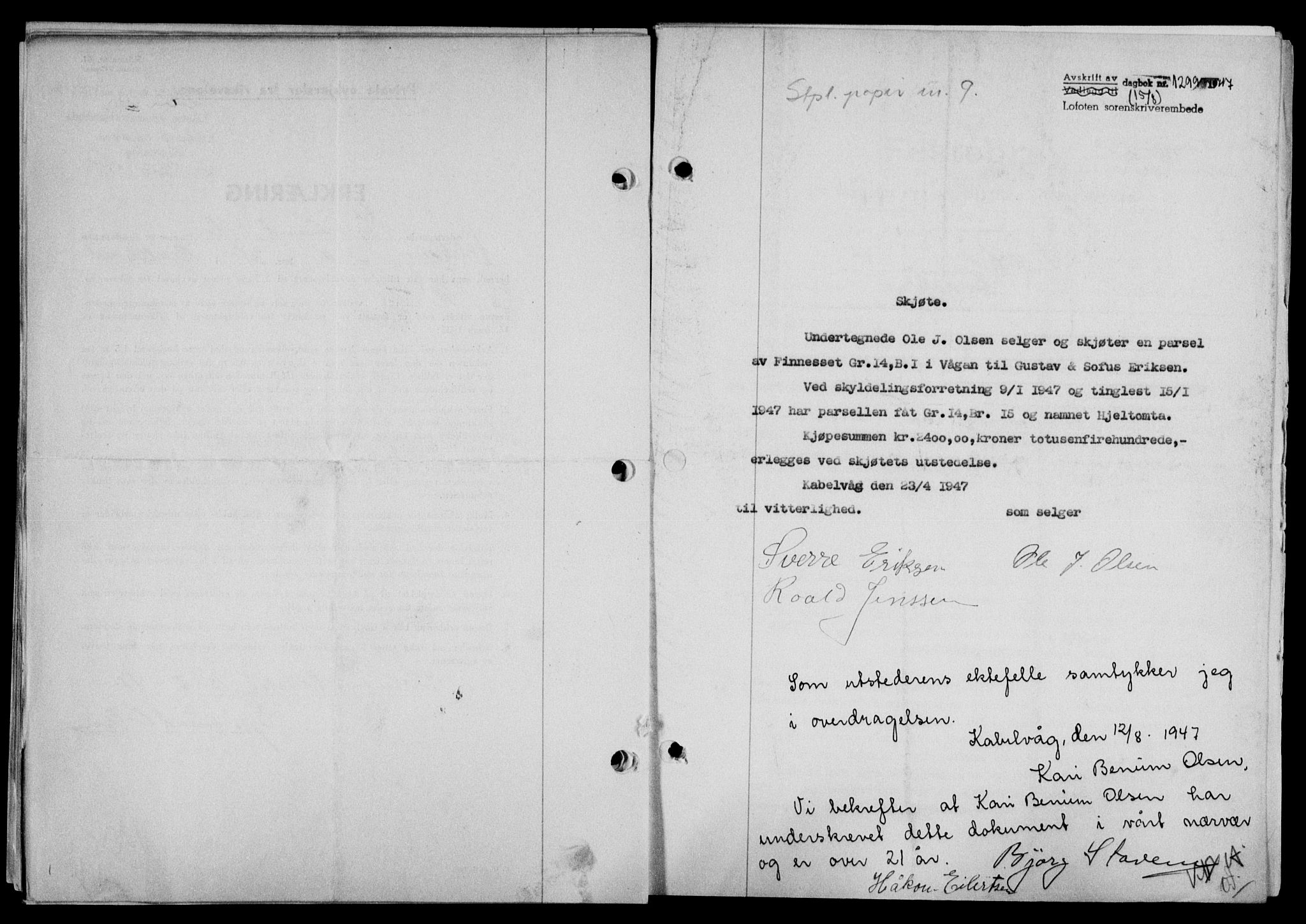 Lofoten sorenskriveri, SAT/A-0017/1/2/2C/L0016a: Mortgage book no. 16a, 1947-1947, Diary no: : 1299/1947