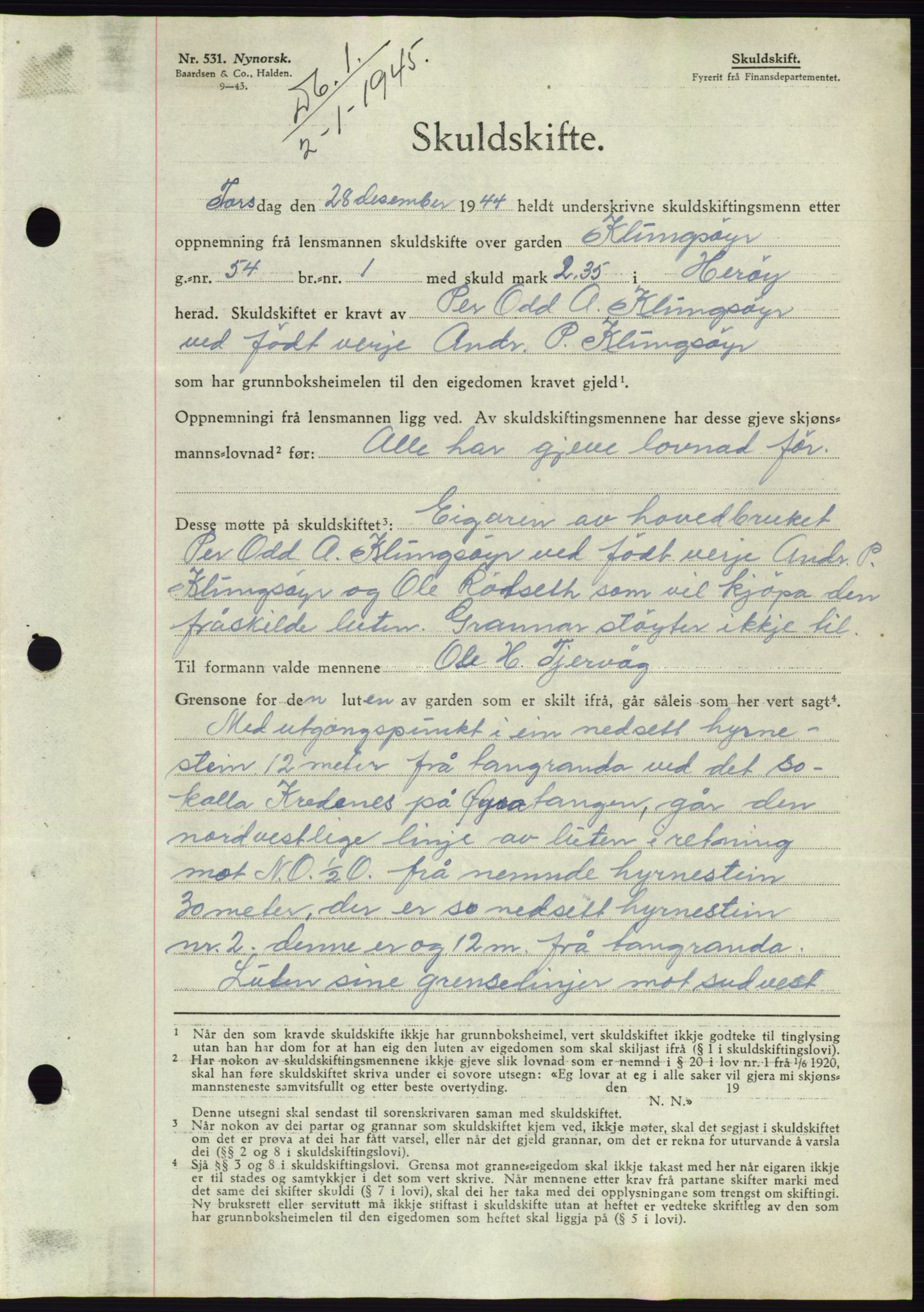 Søre Sunnmøre sorenskriveri, AV/SAT-A-4122/1/2/2C/L0077: Mortgage book no. 3A, 1945-1946, Diary no: : 1/1945