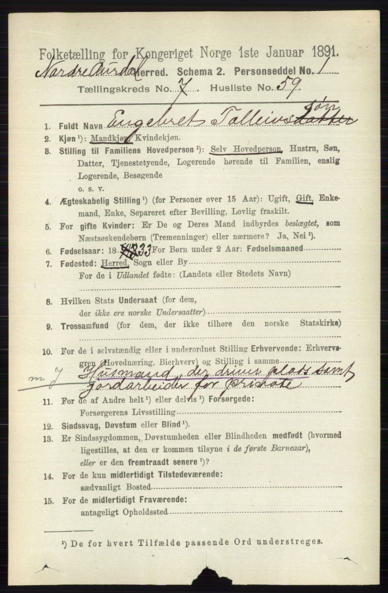 RA, 1891 census for 0542 Nord-Aurdal, 1891, p. 2694