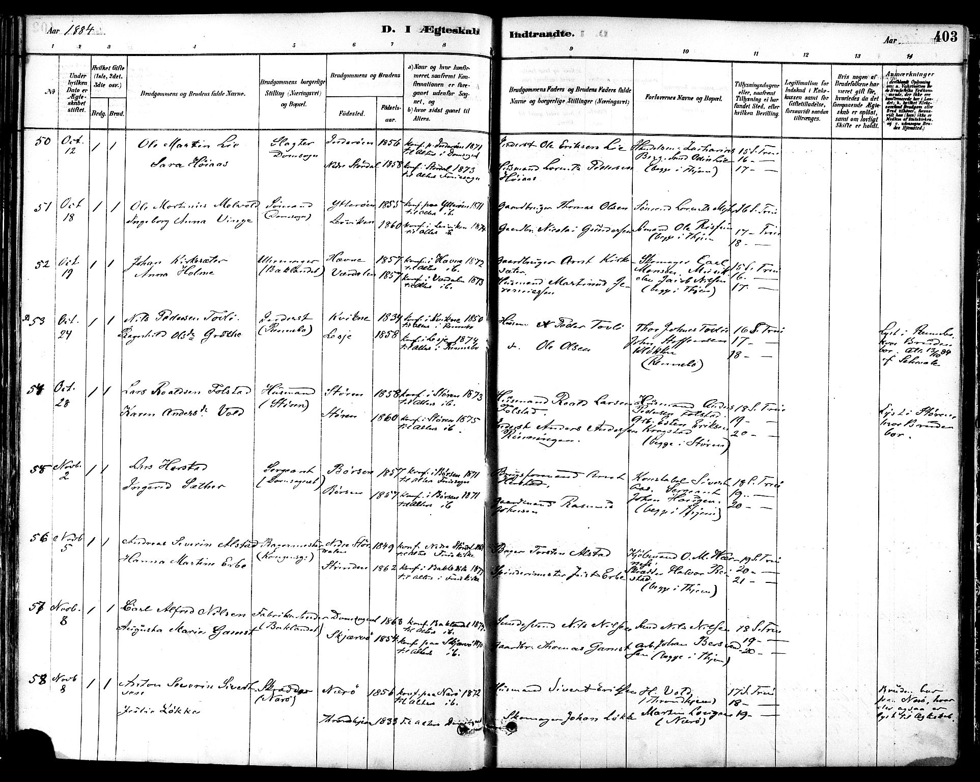 Ministerialprotokoller, klokkerbøker og fødselsregistre - Sør-Trøndelag, SAT/A-1456/601/L0058: Parish register (official) no. 601A26, 1877-1891, p. 403