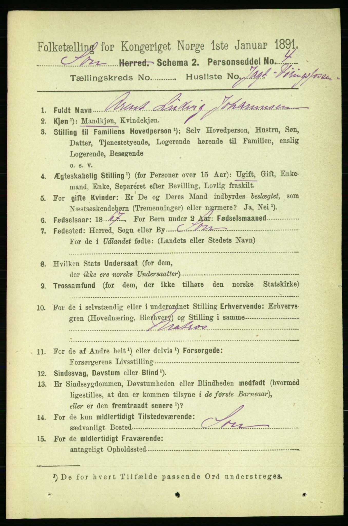 RA, 1891 census for 0201 Son, 1891, p. 833