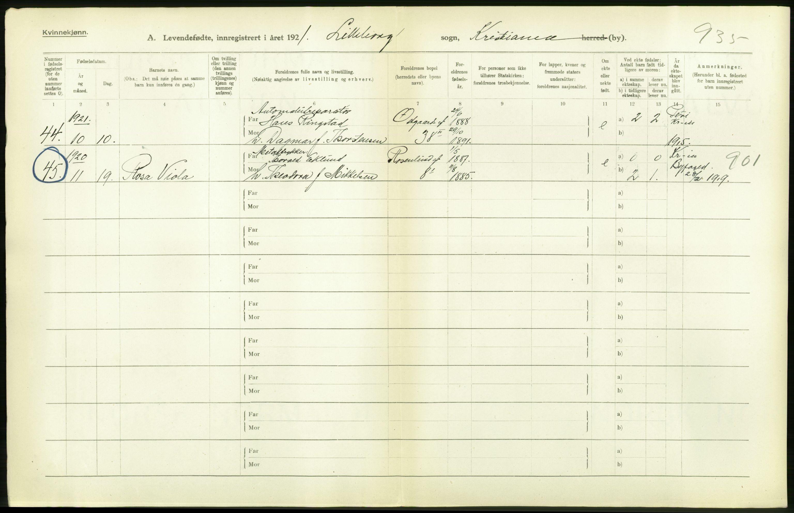 Statistisk sentralbyrå, Sosiodemografiske emner, Befolkning, AV/RA-S-2228/D/Df/Dfc/Dfca/L0008: Kristiania: Levendefødte menn og kvinner., 1921, p. 46