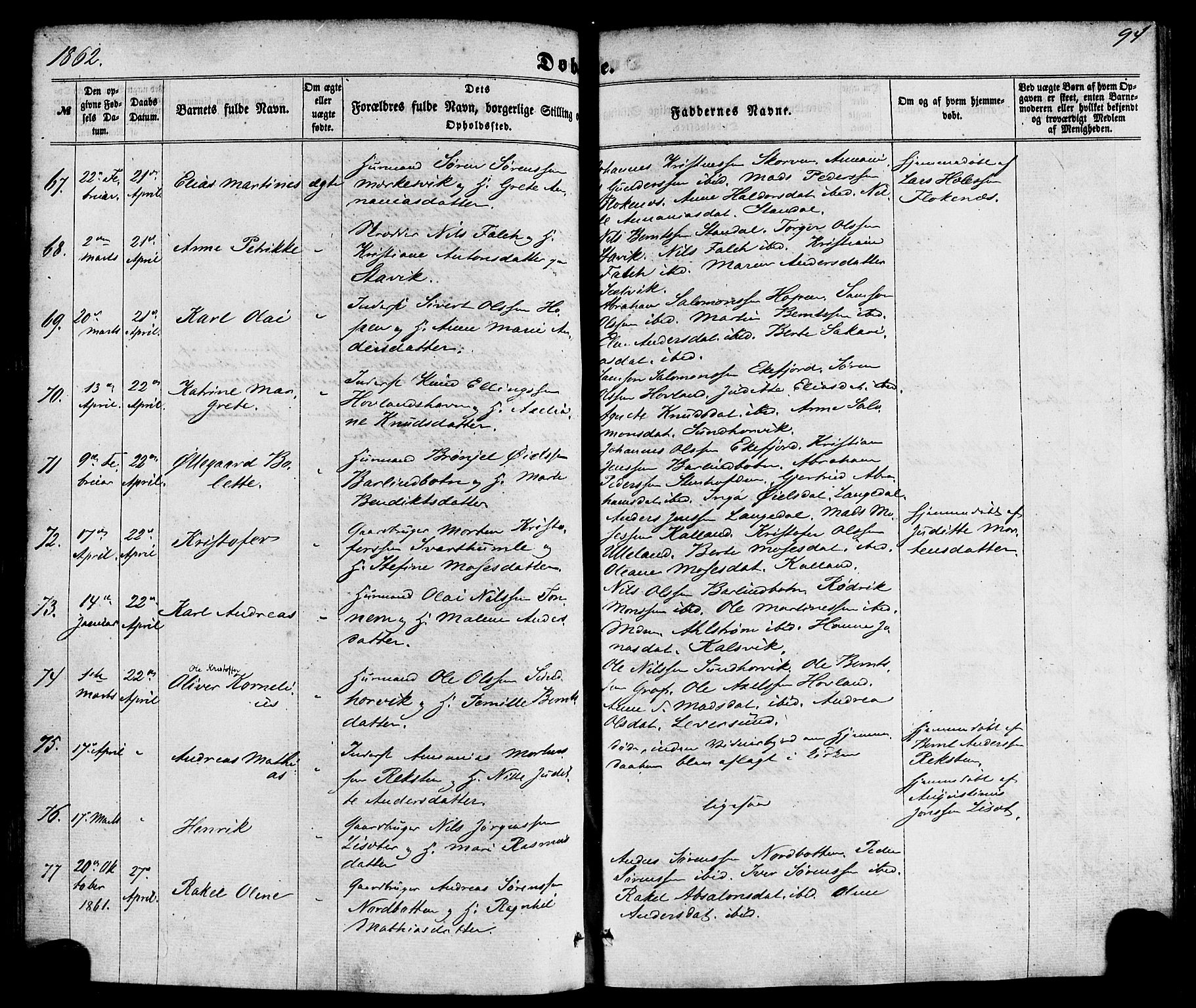 Kinn sokneprestembete, SAB/A-80801/H/Haa/Haaa/L0006: Parish register (official) no. A 6, 1857-1885, p. 94