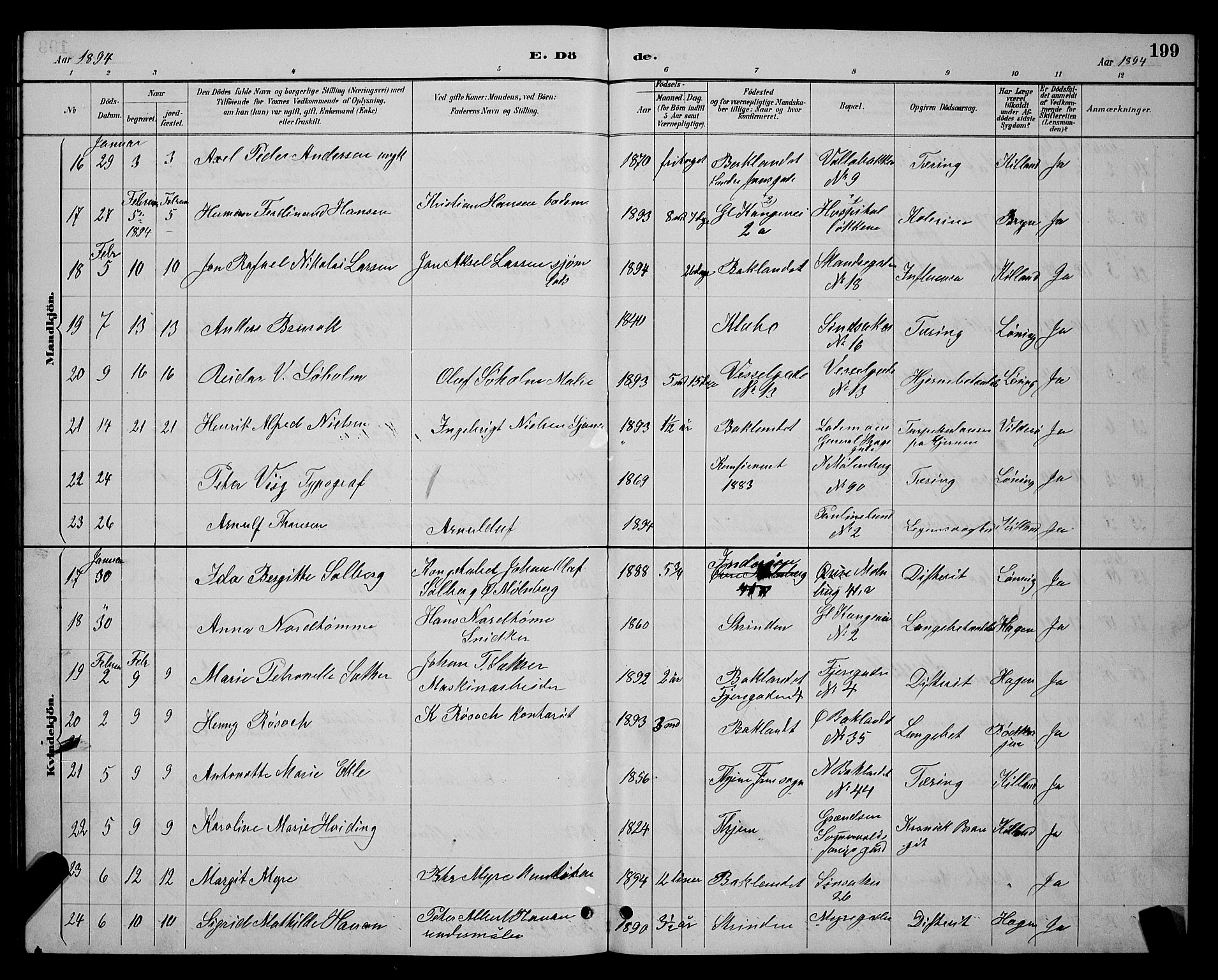 Ministerialprotokoller, klokkerbøker og fødselsregistre - Sør-Trøndelag, SAT/A-1456/604/L0223: Parish register (copy) no. 604C06, 1886-1897, p. 199