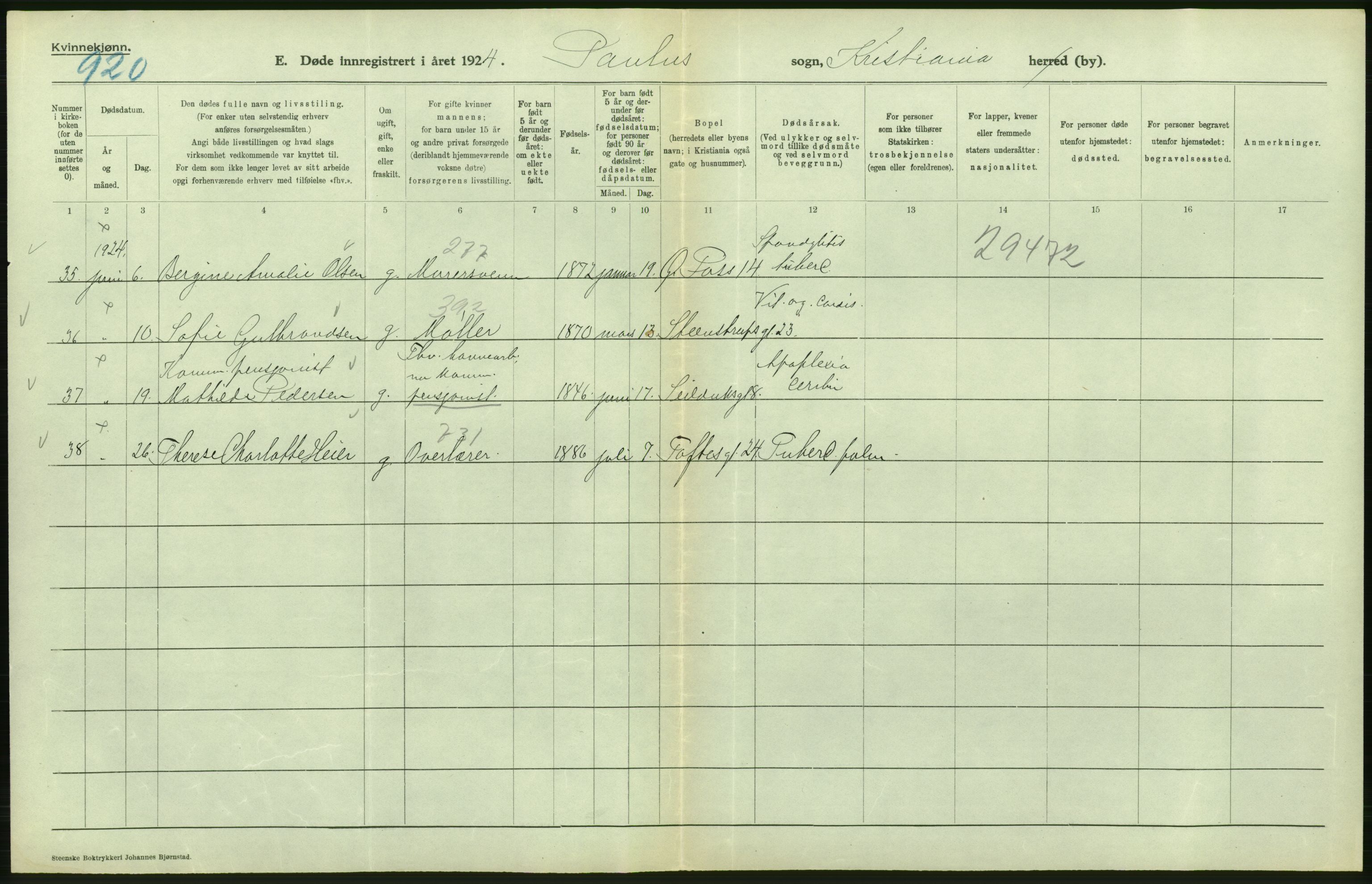 Statistisk sentralbyrå, Sosiodemografiske emner, Befolkning, AV/RA-S-2228/D/Df/Dfc/Dfcd/L0009: Kristiania: Døde kvinner, dødfødte, 1924, p. 250