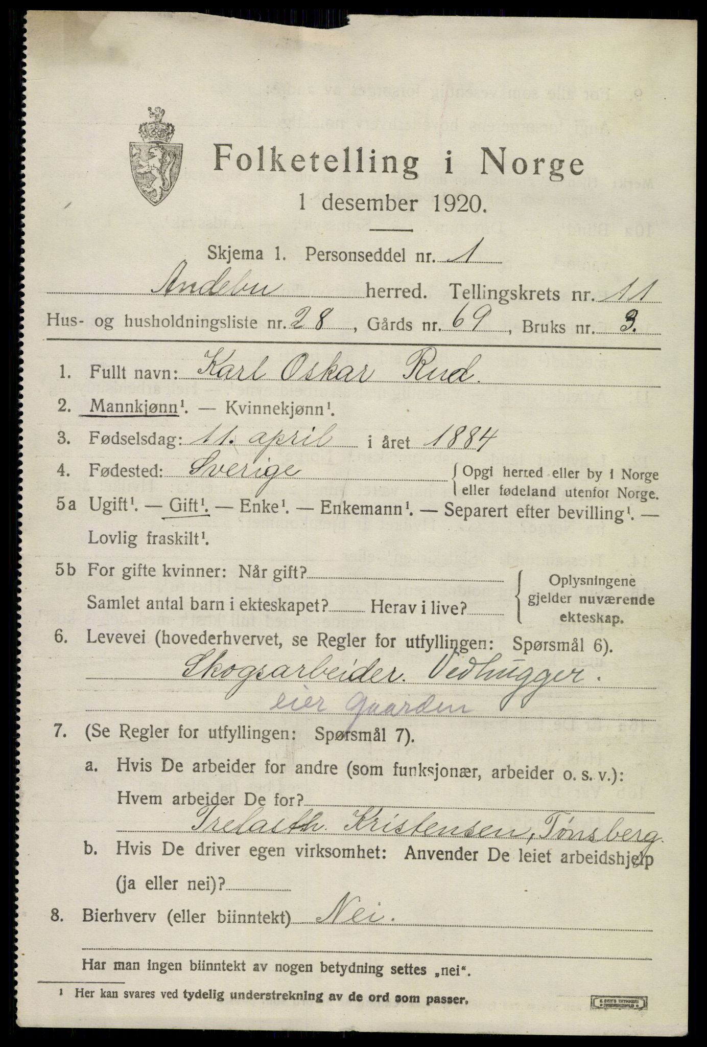 SAKO, 1920 census for Andebu, 1920, p. 4454