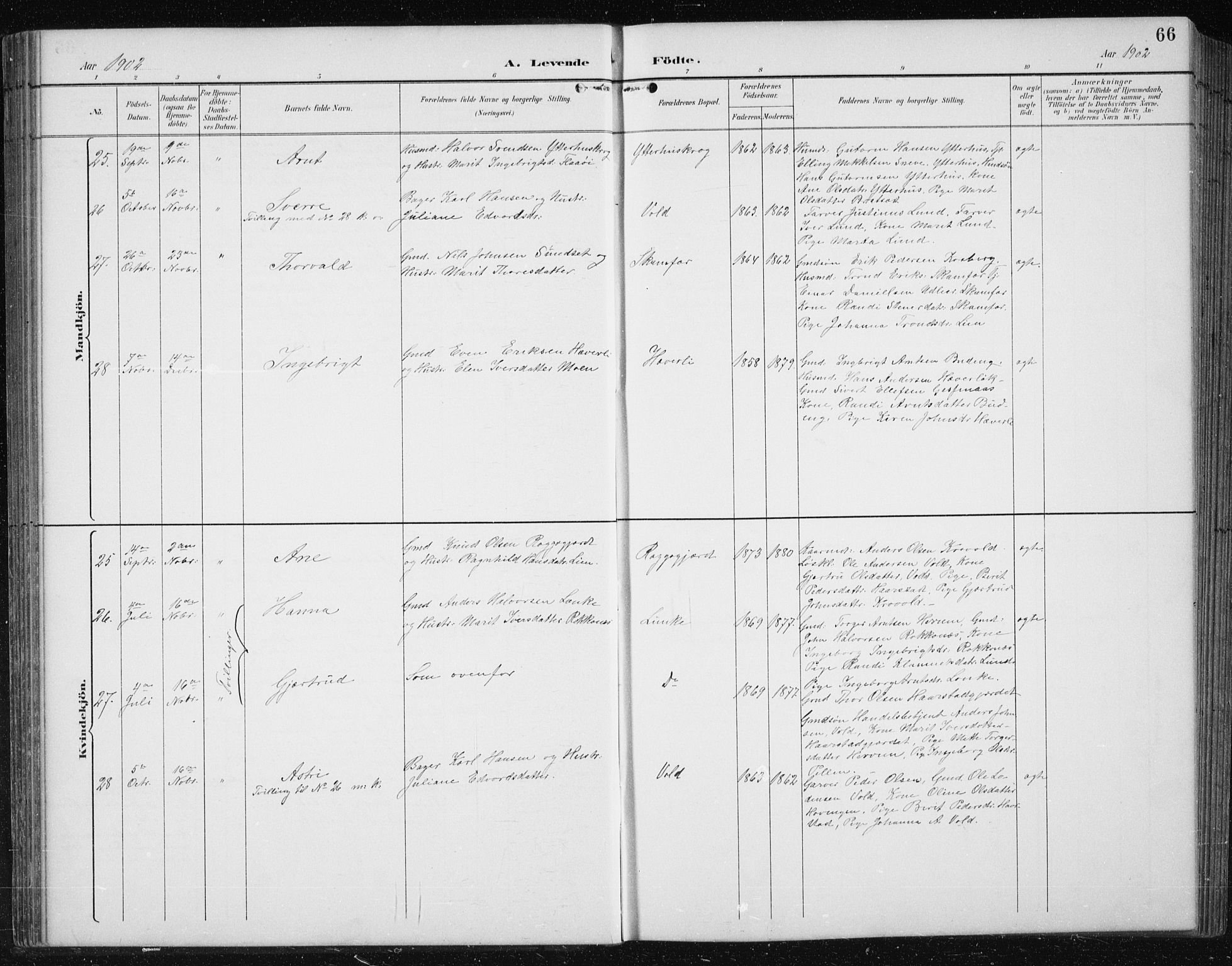 Ministerialprotokoller, klokkerbøker og fødselsregistre - Sør-Trøndelag, AV/SAT-A-1456/674/L0876: Parish register (copy) no. 674C03, 1892-1912, p. 66