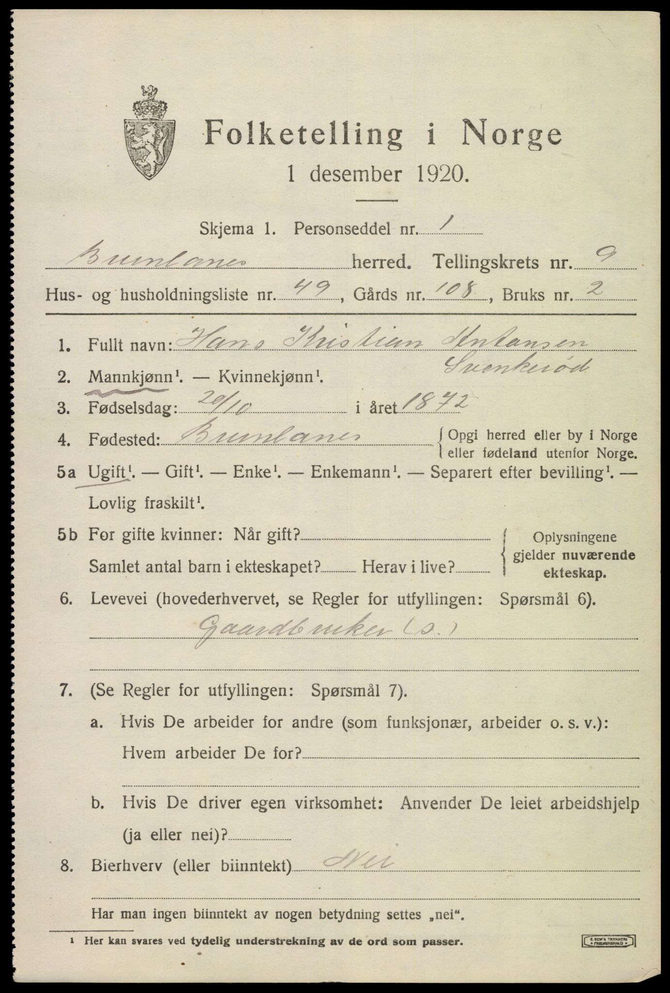 SAKO, 1920 census for Brunlanes, 1920, p. 8327