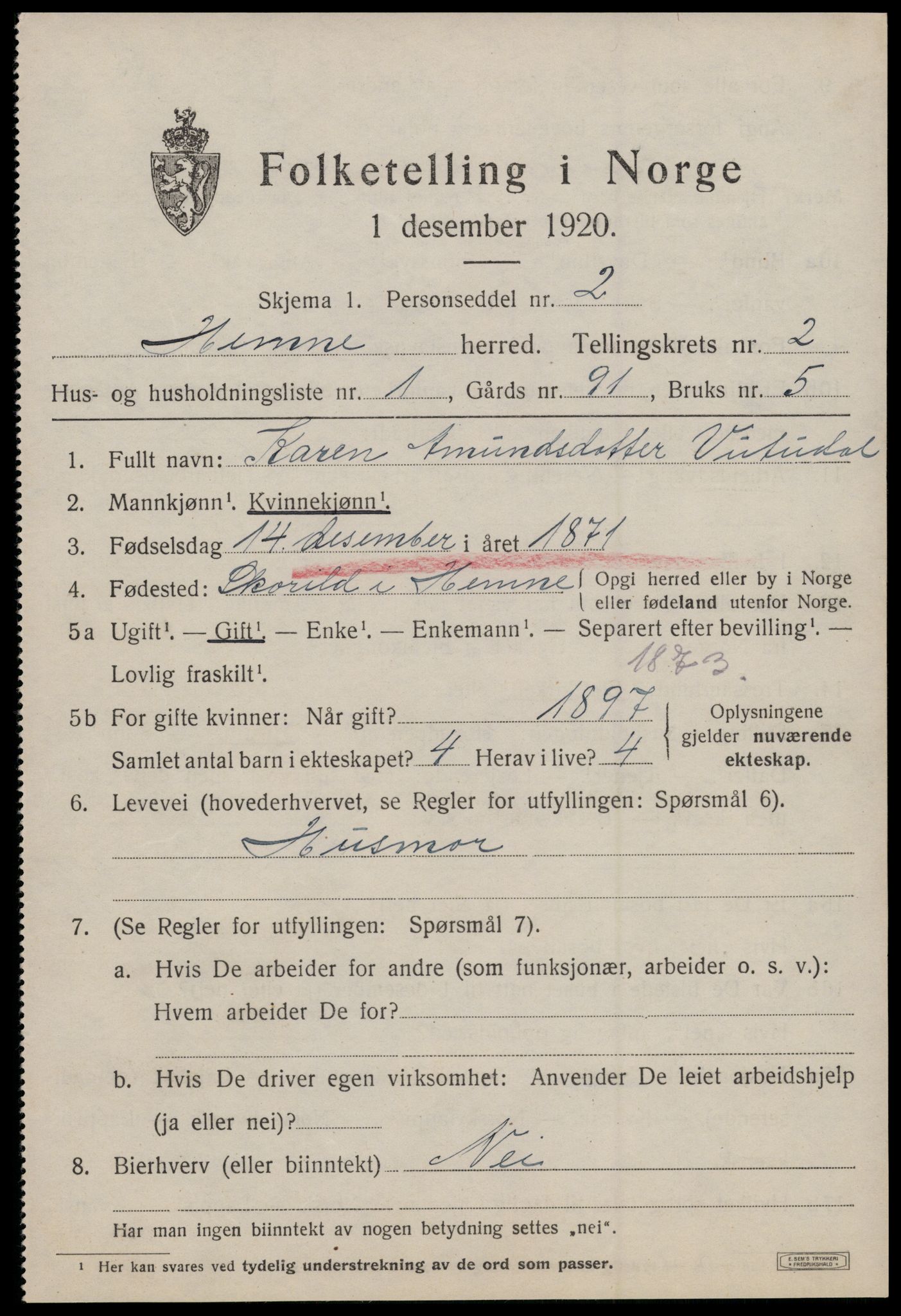 SAT, 1920 census for Hemne, 1920, p. 1808