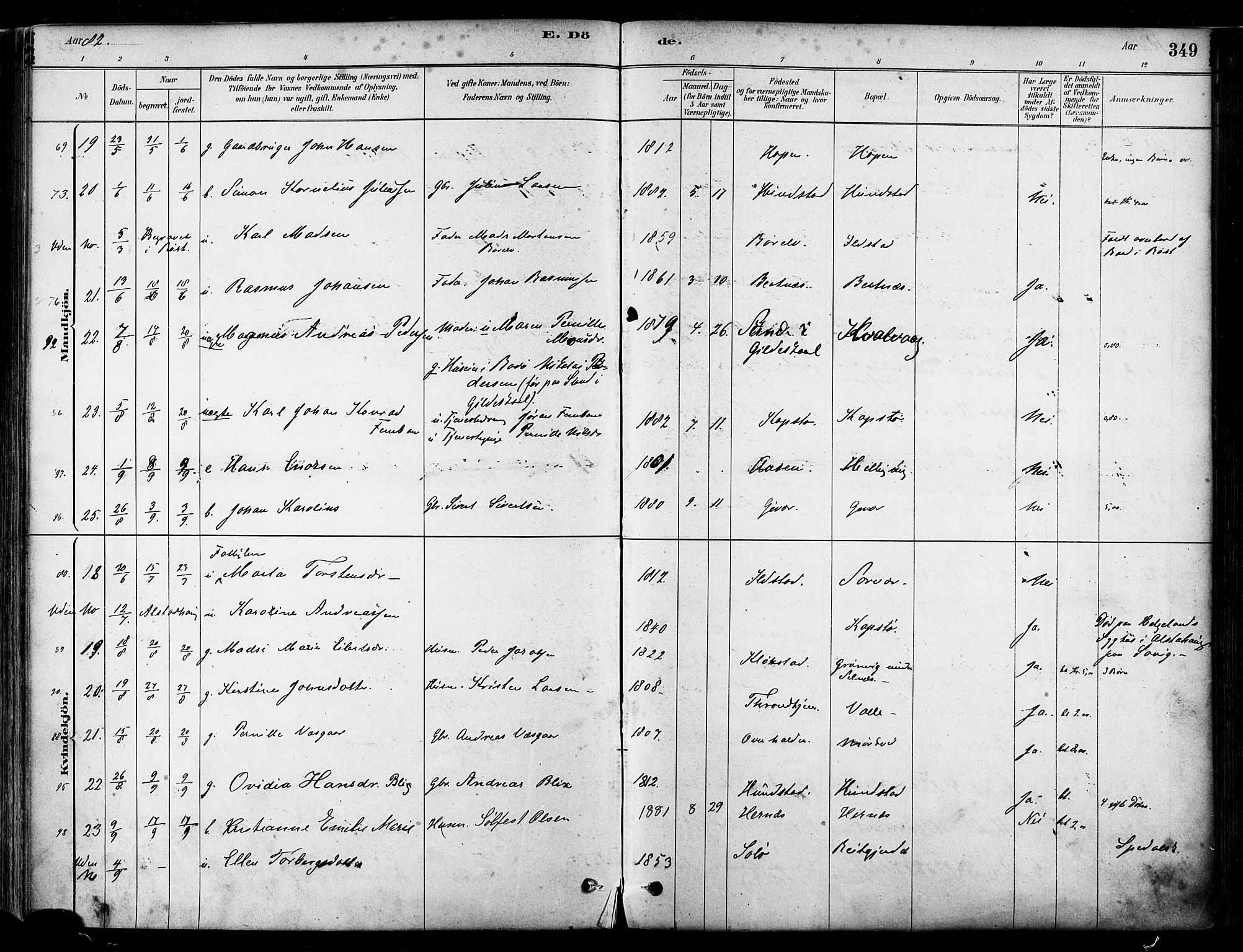 Ministerialprotokoller, klokkerbøker og fødselsregistre - Nordland, SAT/A-1459/802/L0054: Parish register (official) no. 802A01, 1879-1893, p. 349