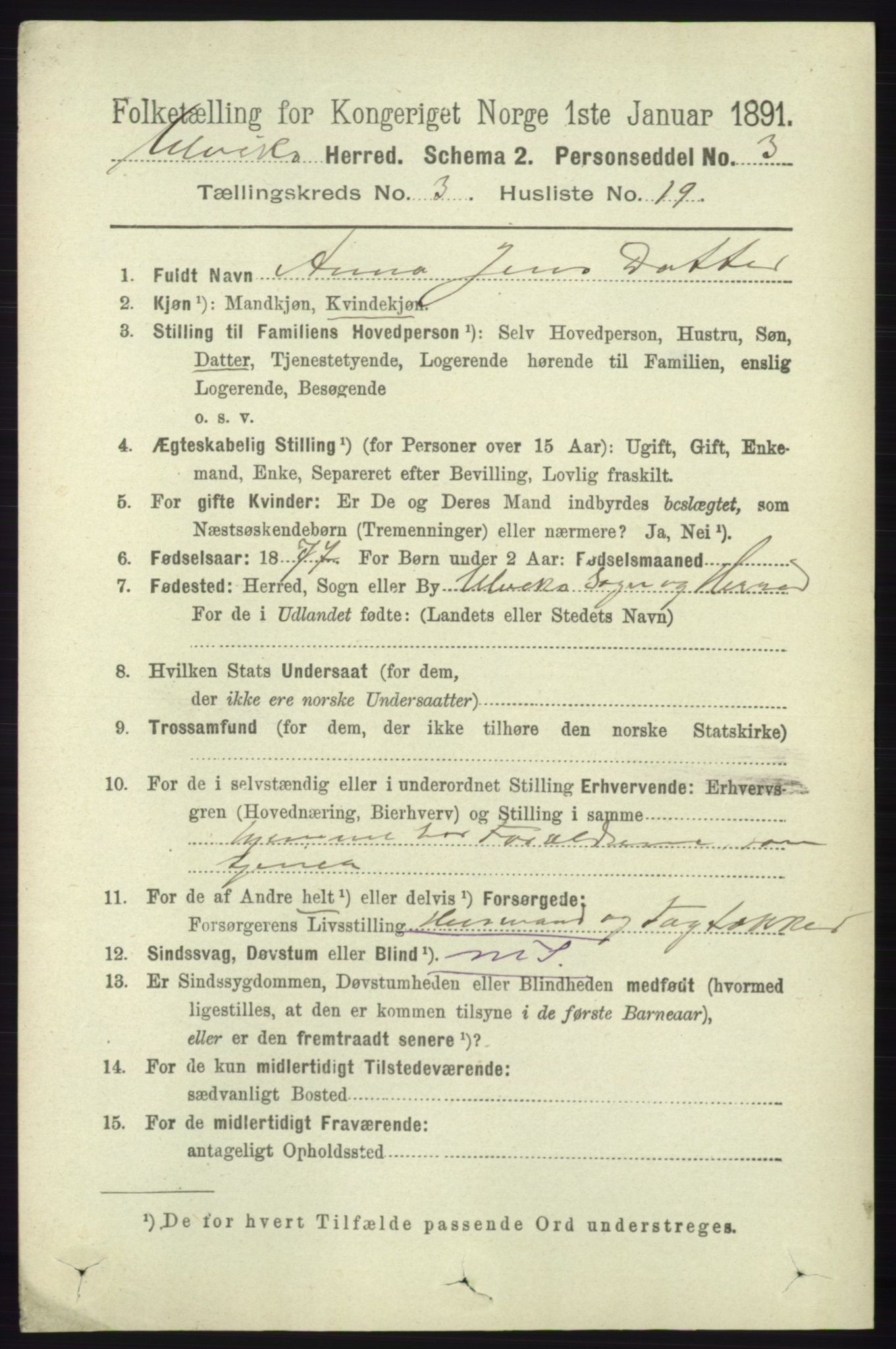 RA, 1891 census for 1233 Ulvik, 1891, p. 419